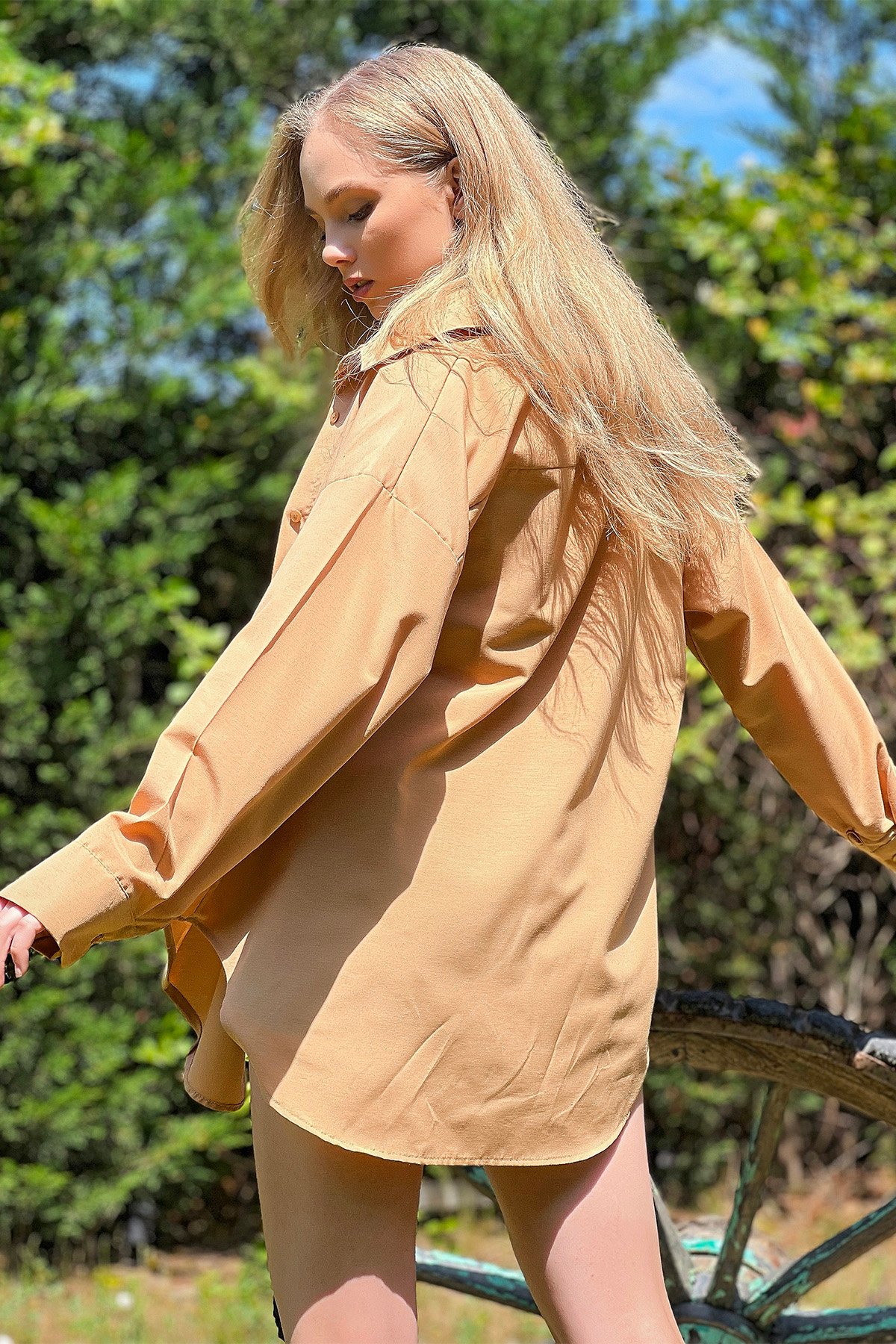 Oversize Uzun Dokuma Gömlek - Camel