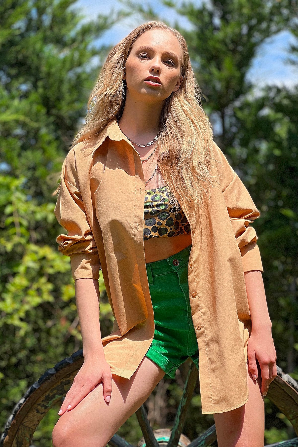 Oversize Uzun Dokuma Gömlek - Camel