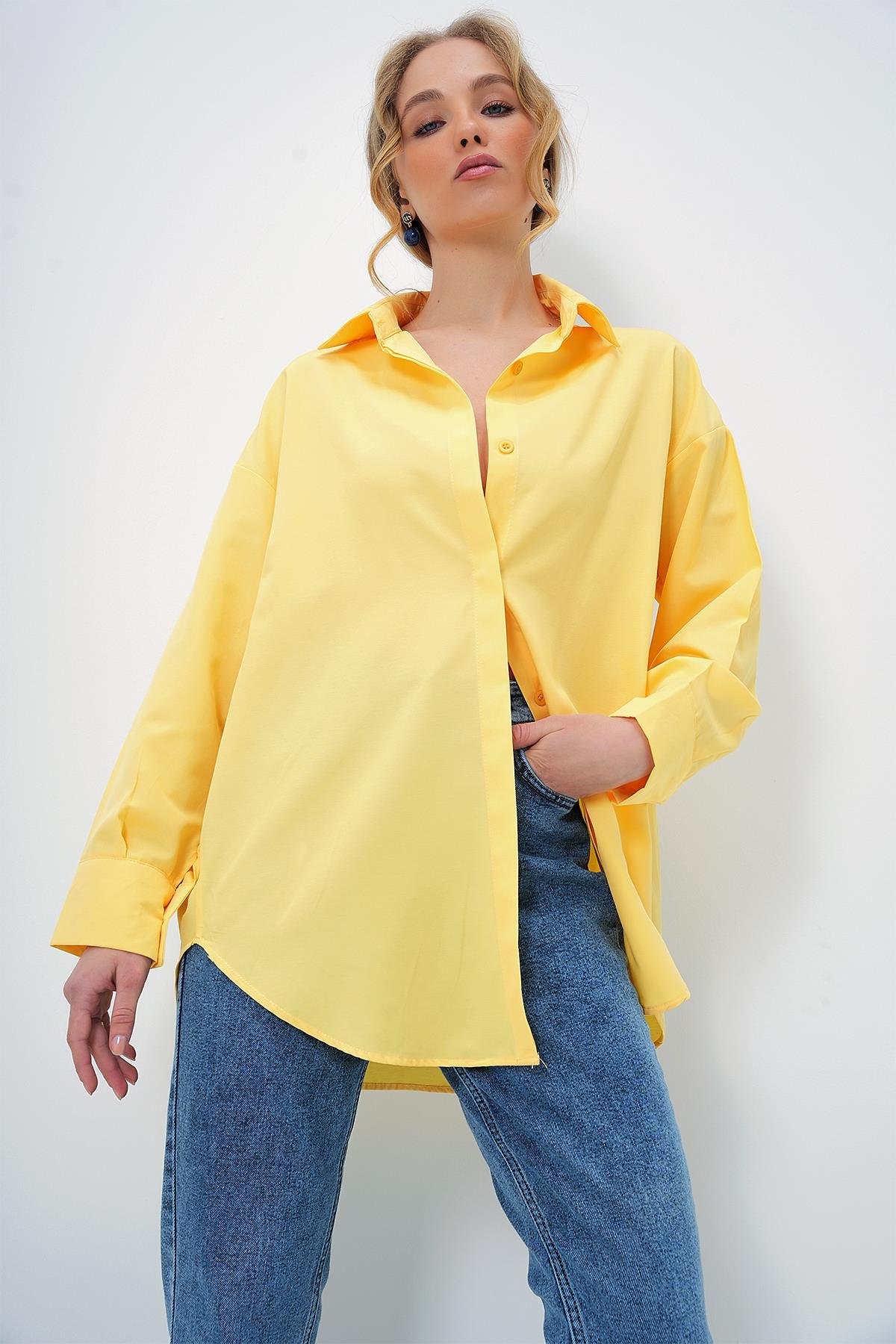 Oversize Uzun Dokuma Gömlek - Sarı
