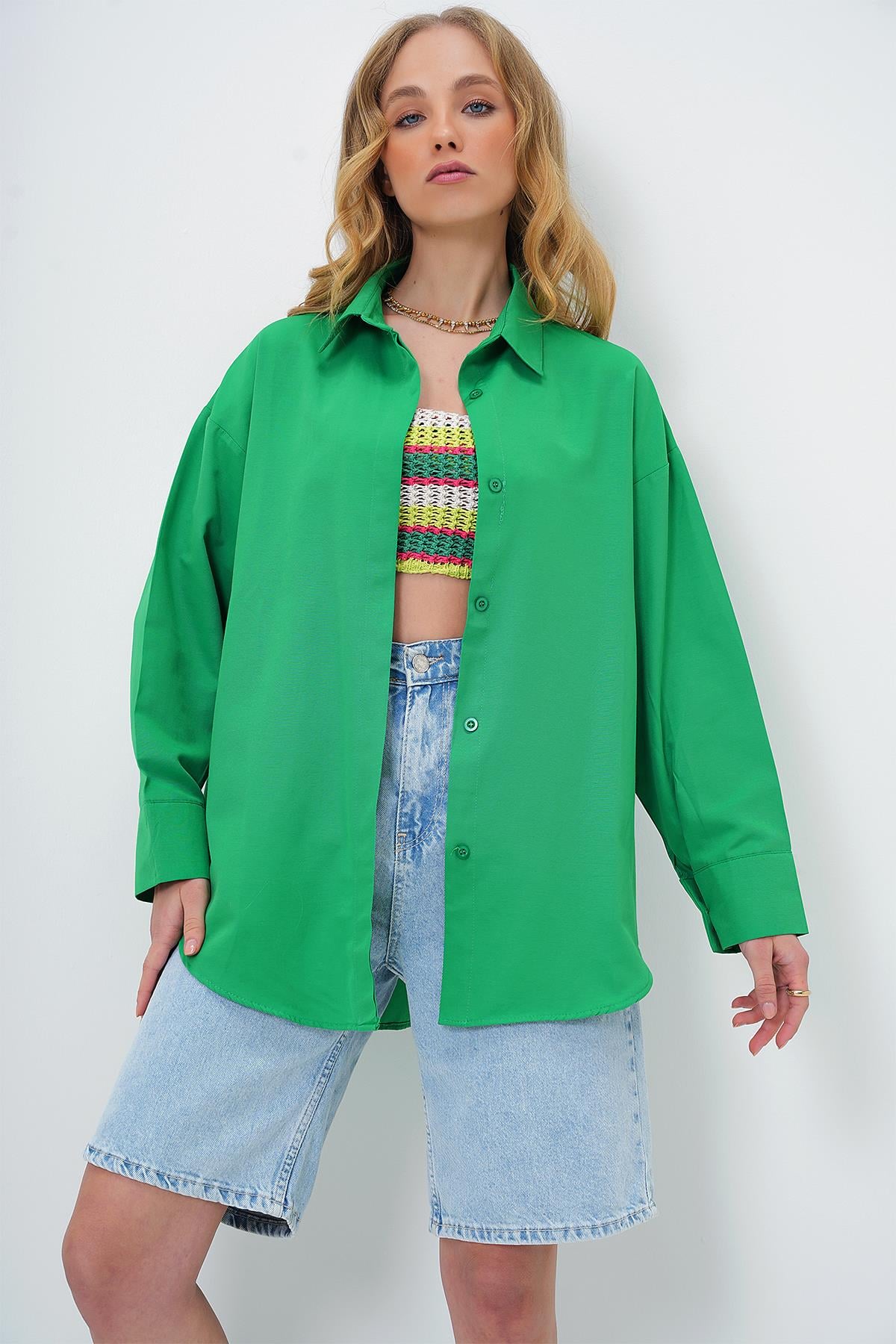 Oversize Uzun Dokuma Gömlek - Yeşil
