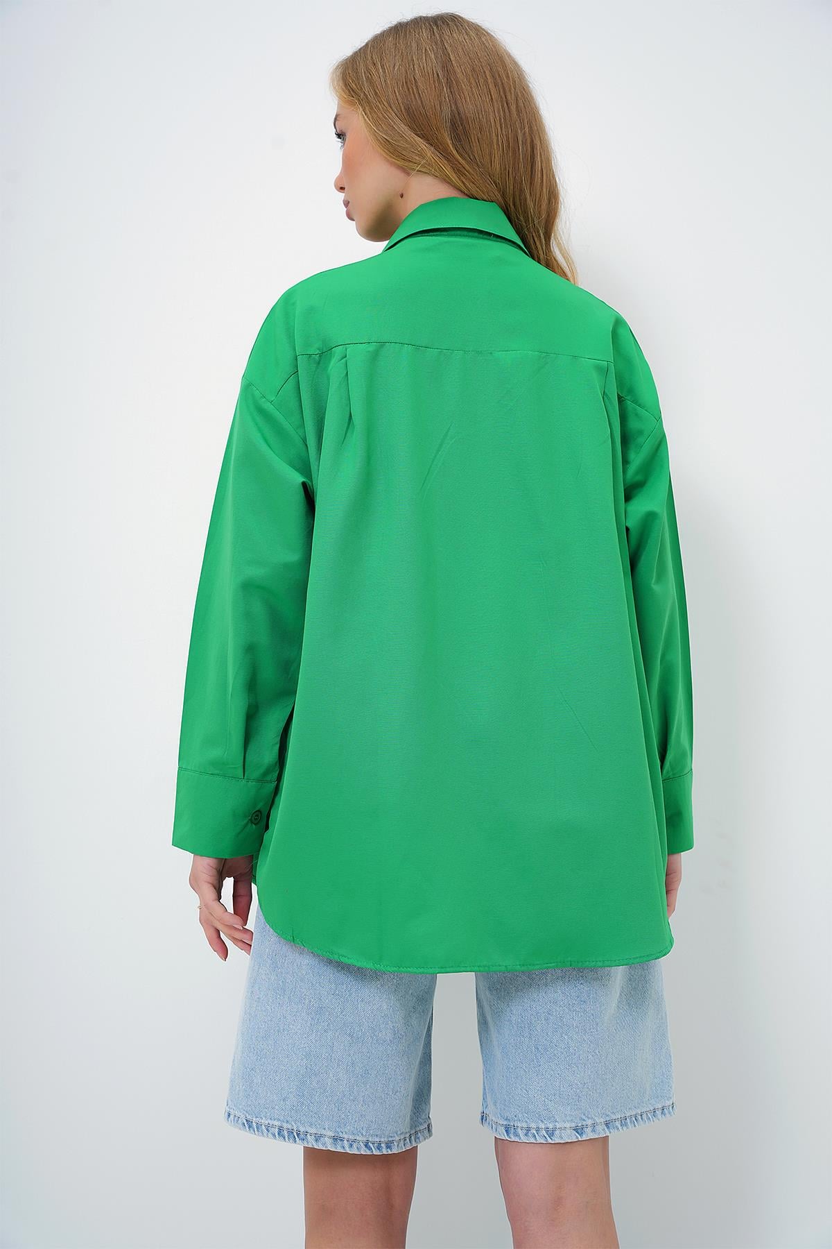 Oversize Uzun Dokuma Gömlek - Yeşil