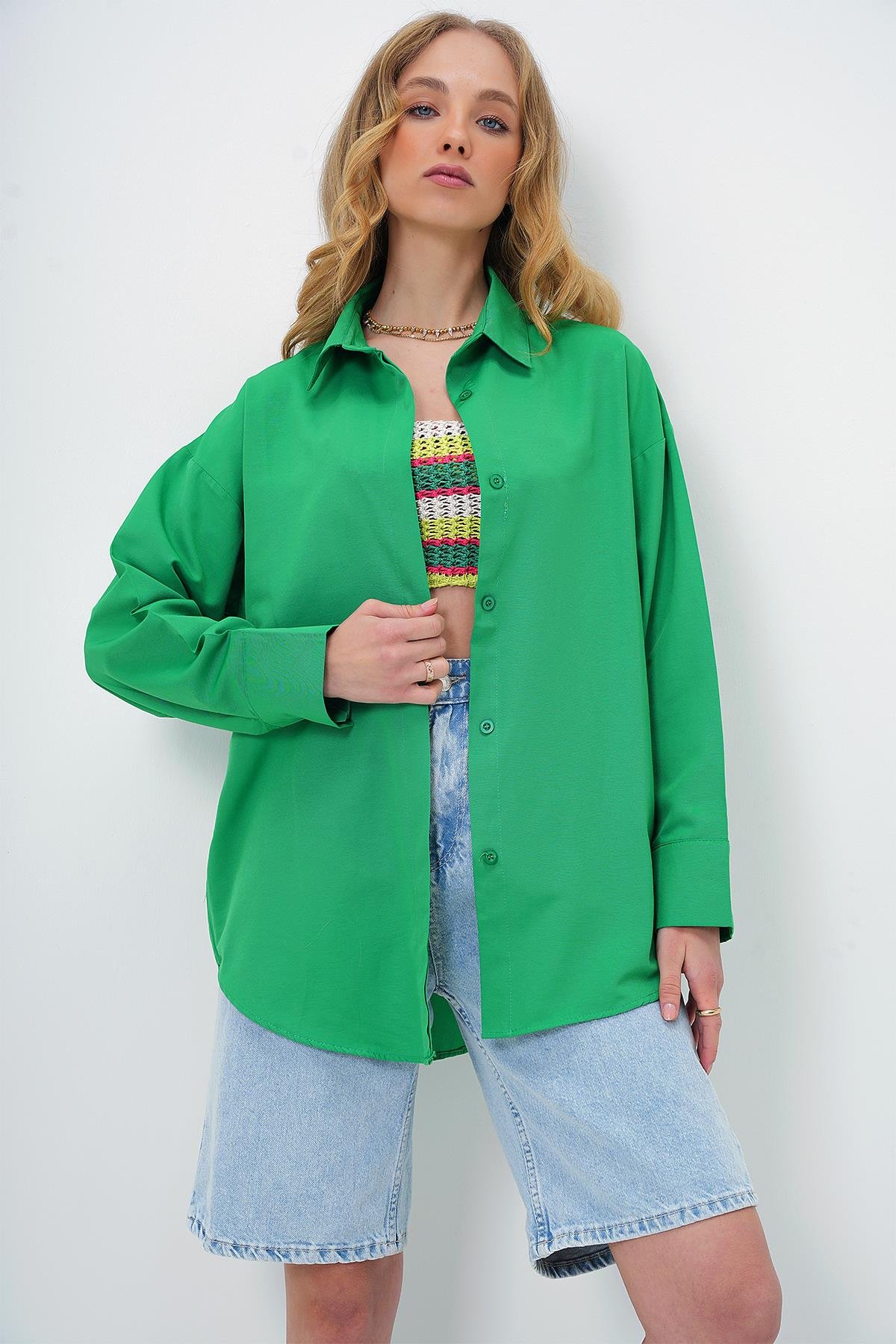 Oversize Uzun Dokuma Gömlek - Yeşil