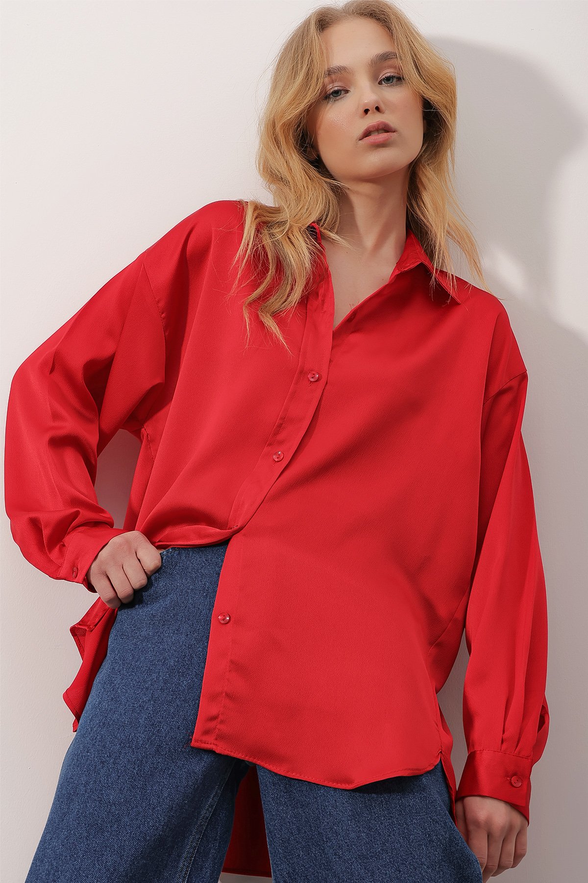 Pamuk Saten Oversize Gömlek - Kırmızı
