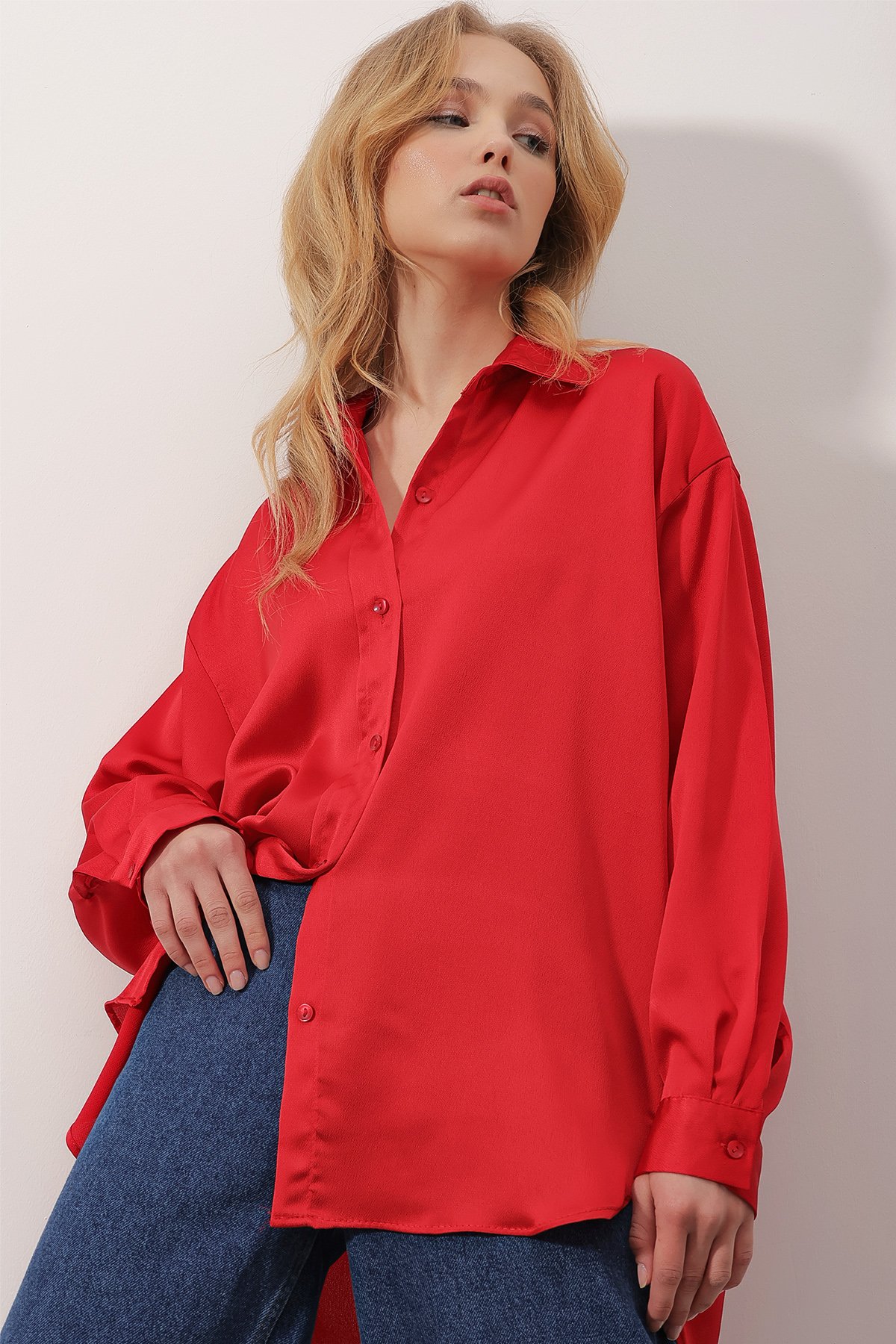 Pamuk Saten Oversize Gömlek - Kırmızı