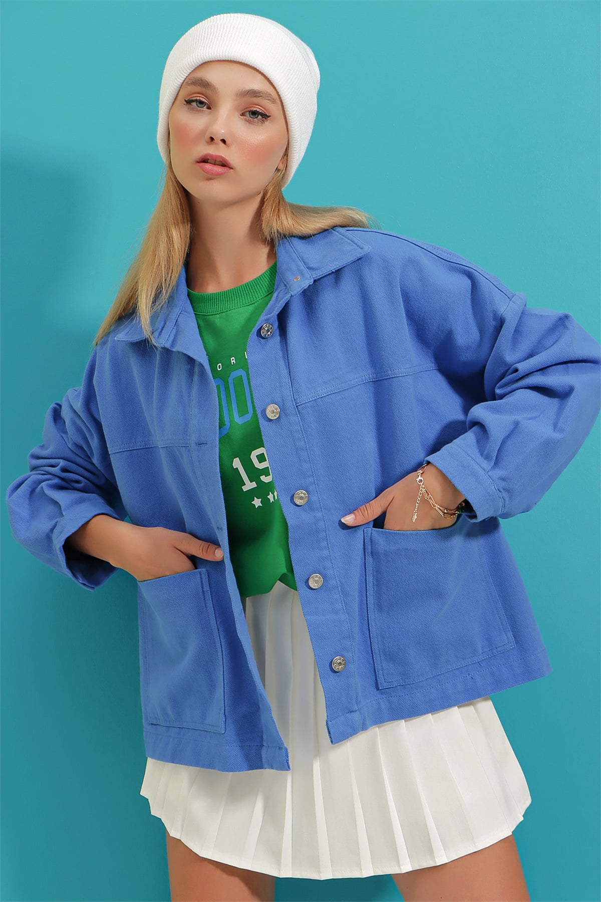 Pamuklu Trucker Oversize Ceket - Saks