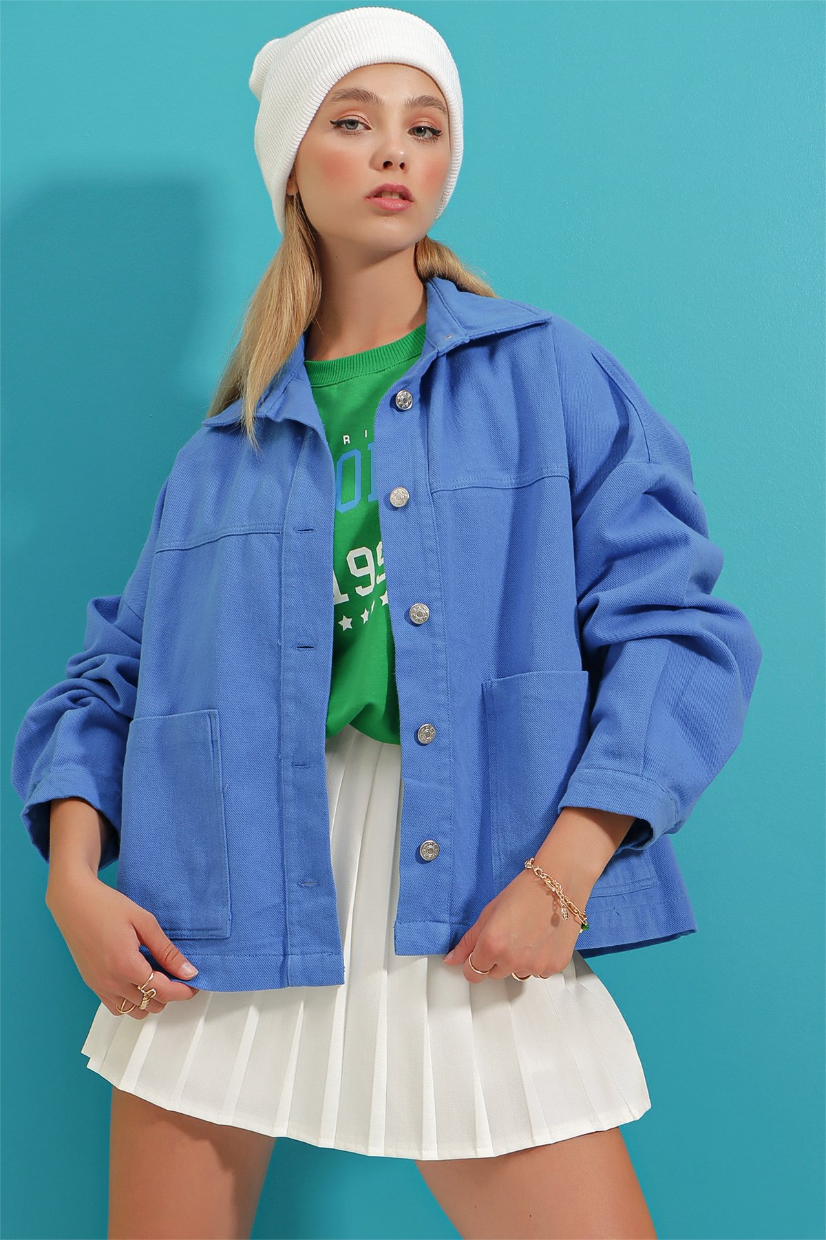 Pamuklu Trucker Oversize Ceket - Saks