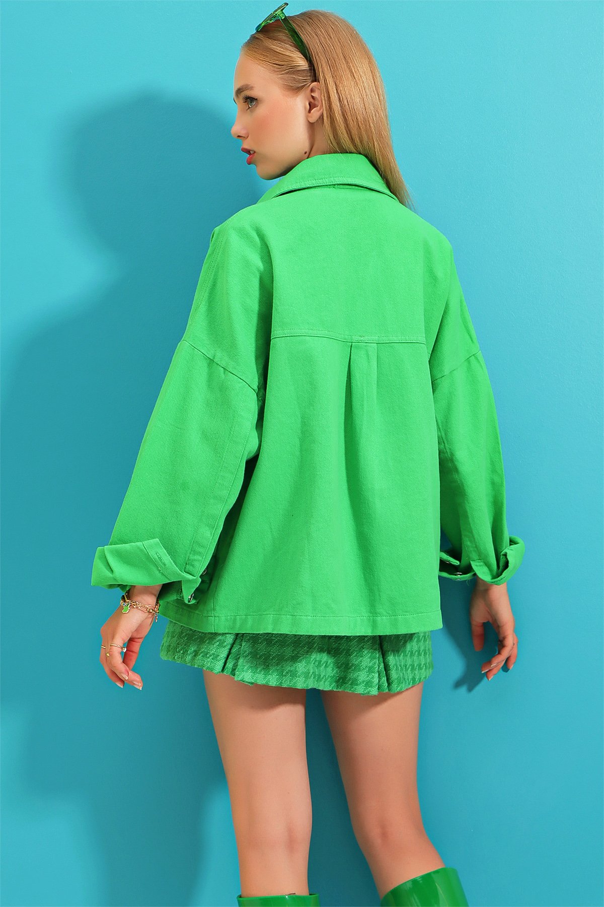 Pamuklu Trucker Oversize Ceket - Yeşil