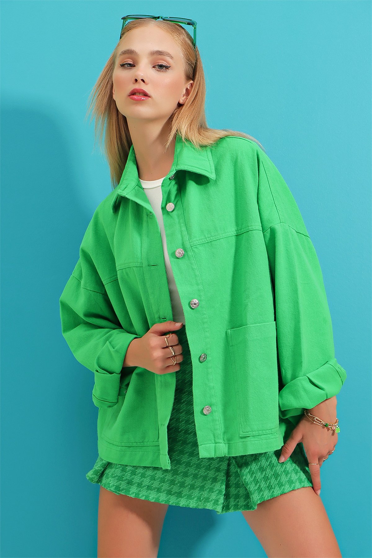 Pamuklu Trucker Oversize Ceket - Yeşil