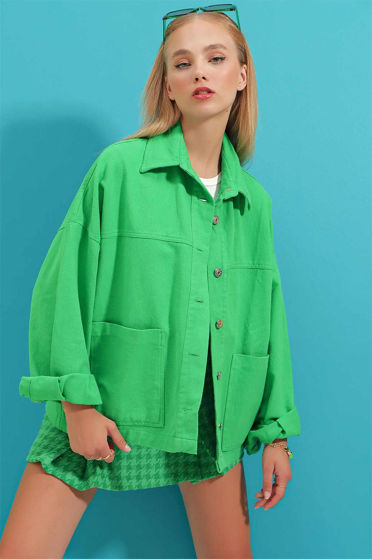 Pamuklu Trucker Oversize Ceket - Yeşil