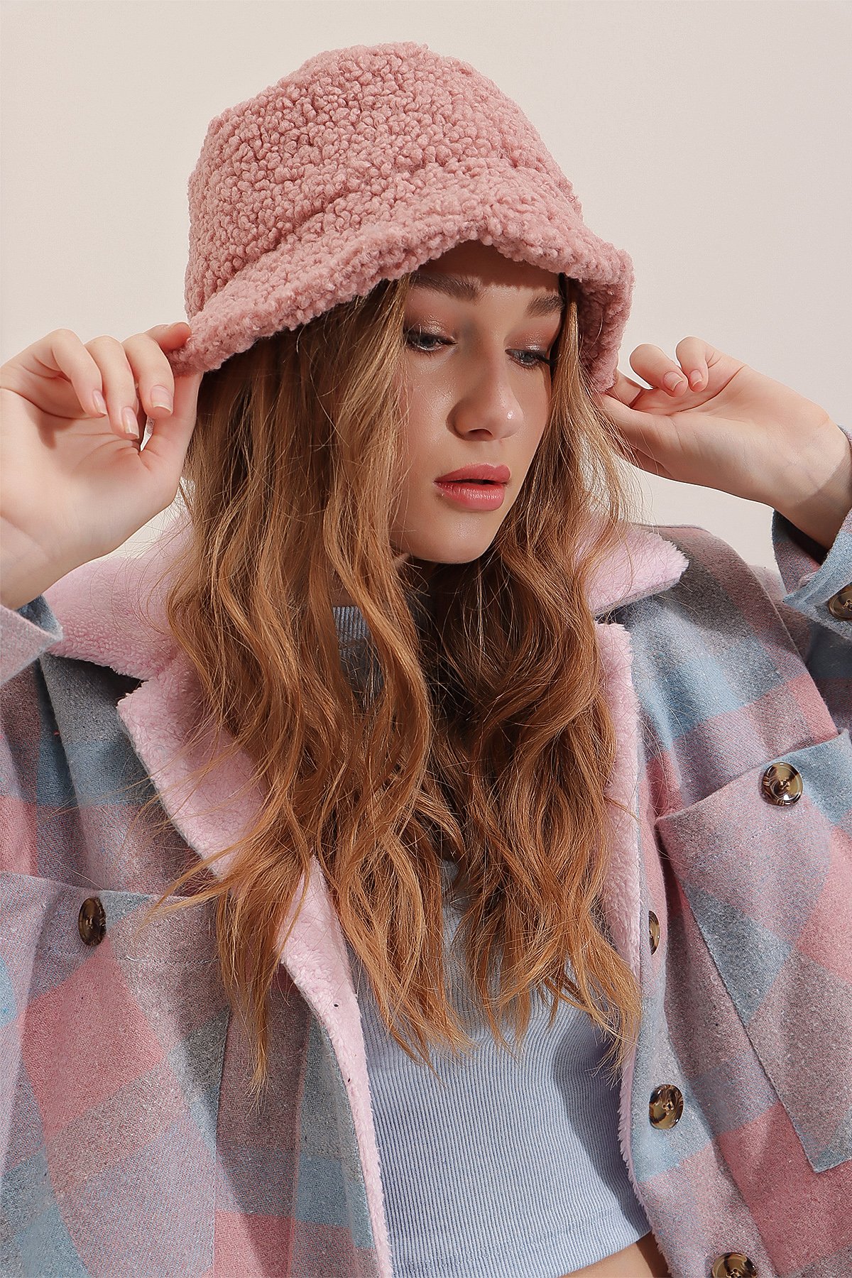 Peluş Bucket Şapka - Pembe