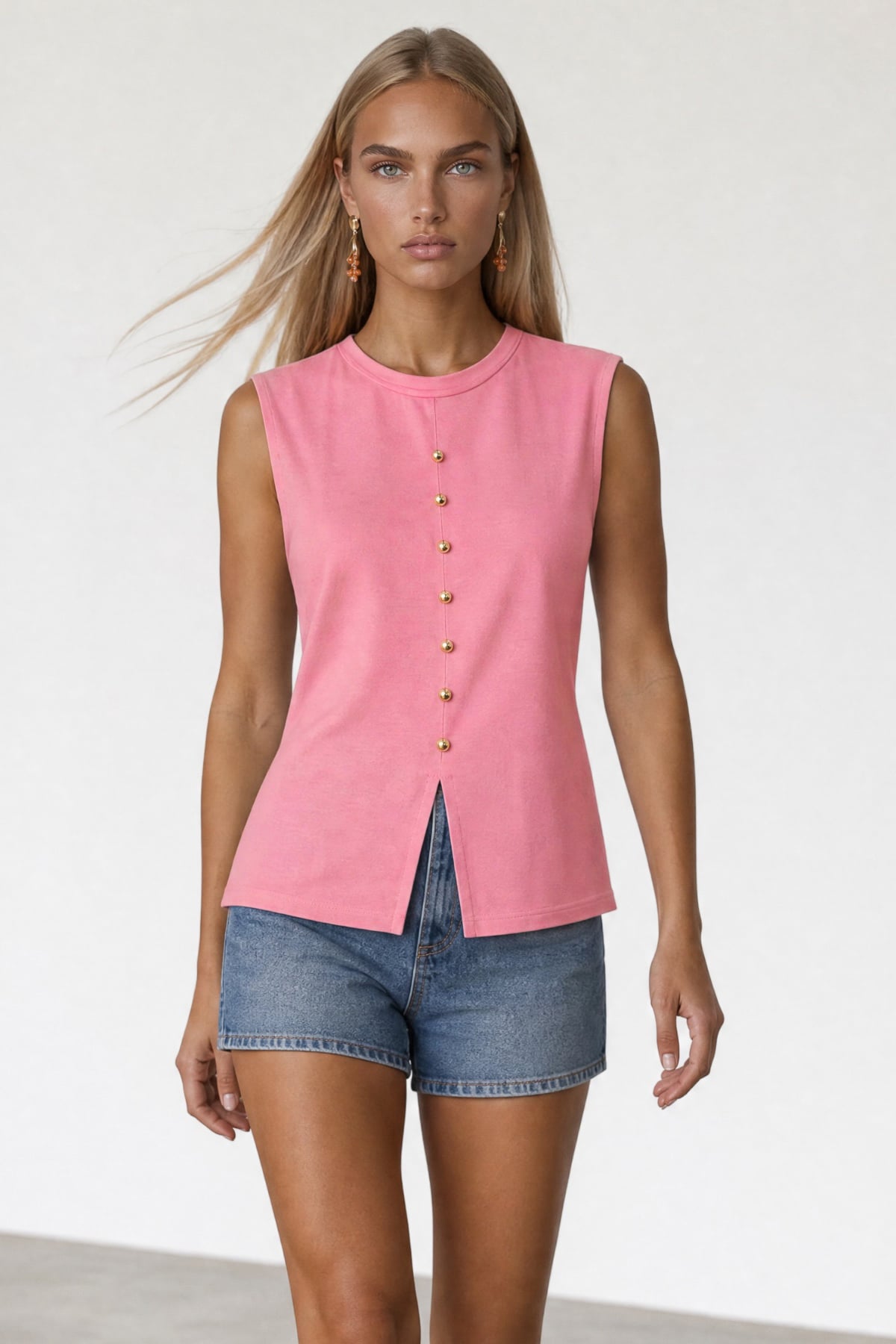 Pembe Bisiklet Yaka Viskon Gold Düğmeli Bluz Alc-X15553