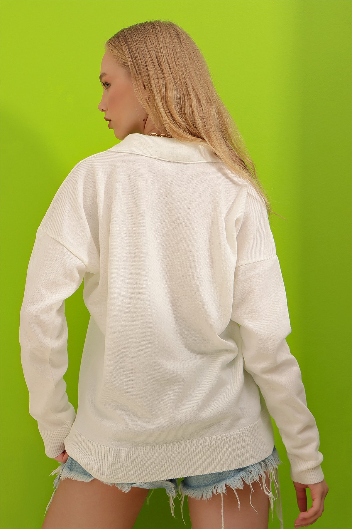 Polo Yaka Basic Mevsimlik Triko Kazak - EKRU