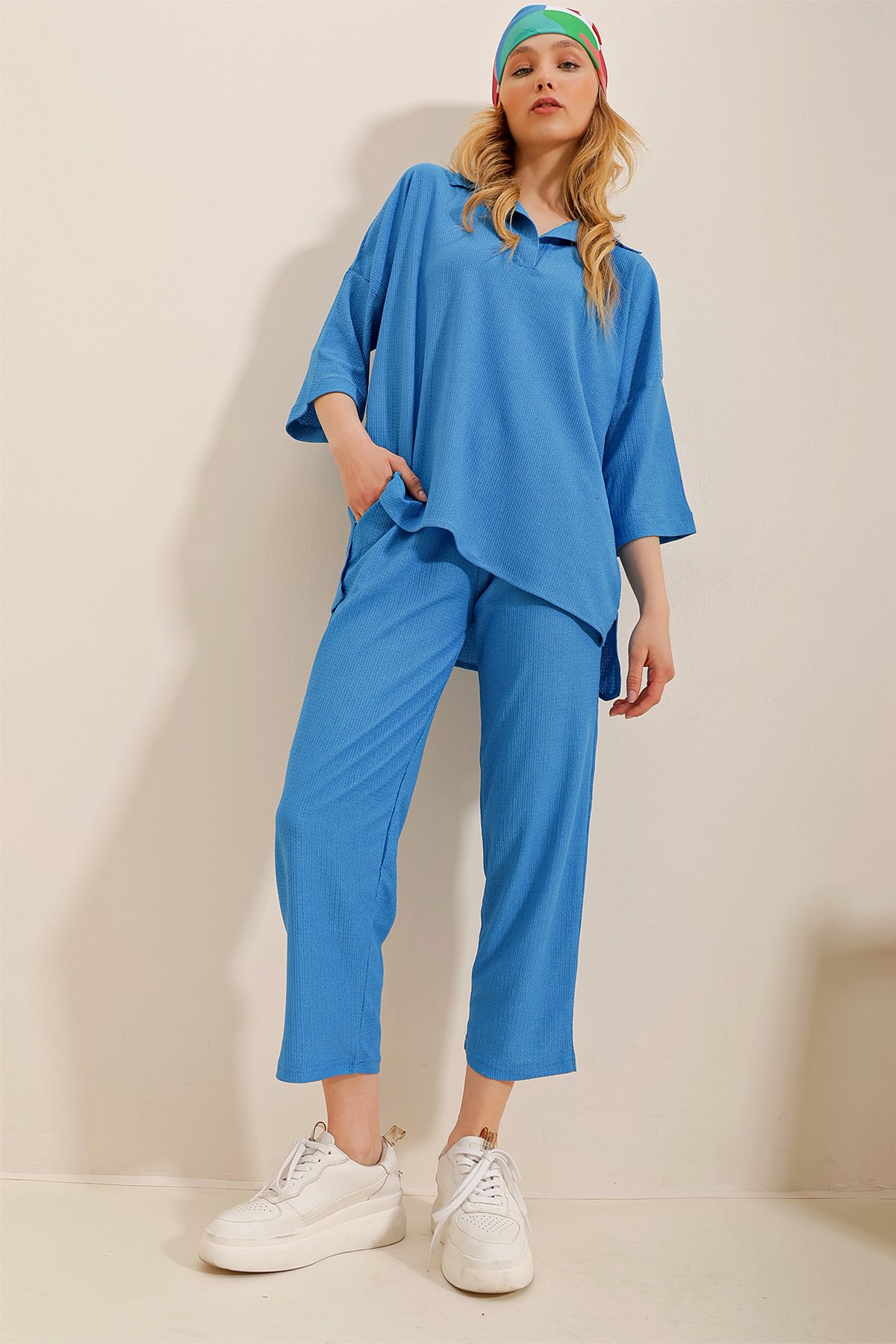 Polo Yaka Bluz Ve Pantolon İkili Takım - Havacı Mavi