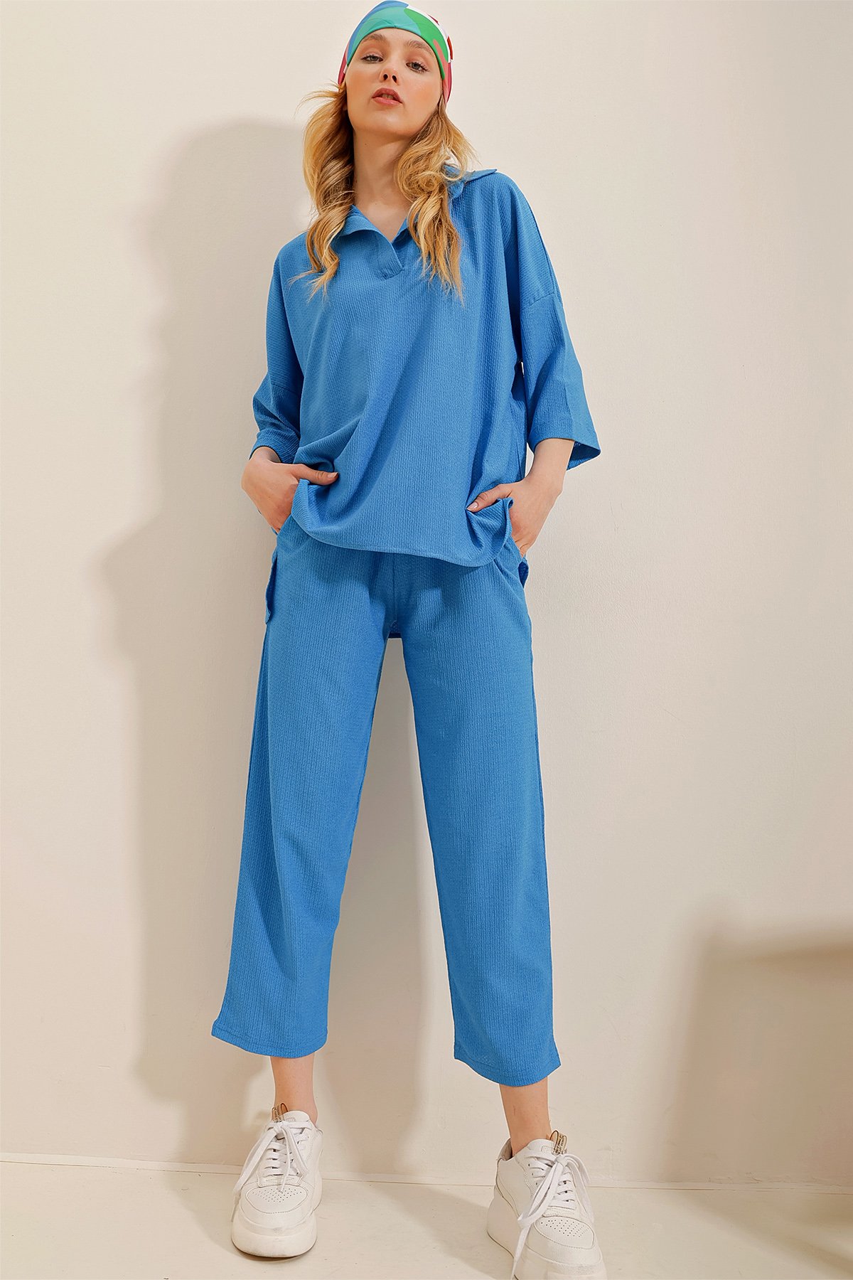 Polo Yaka Bluz Ve Pantolon İkili Takım - Havacı Mavi