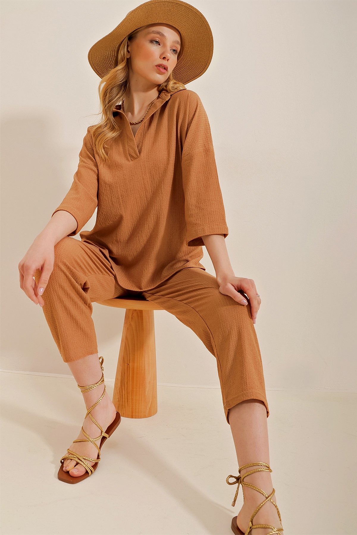 Polo Yaka Bluz Ve Pantolon İkili Takım - Camel