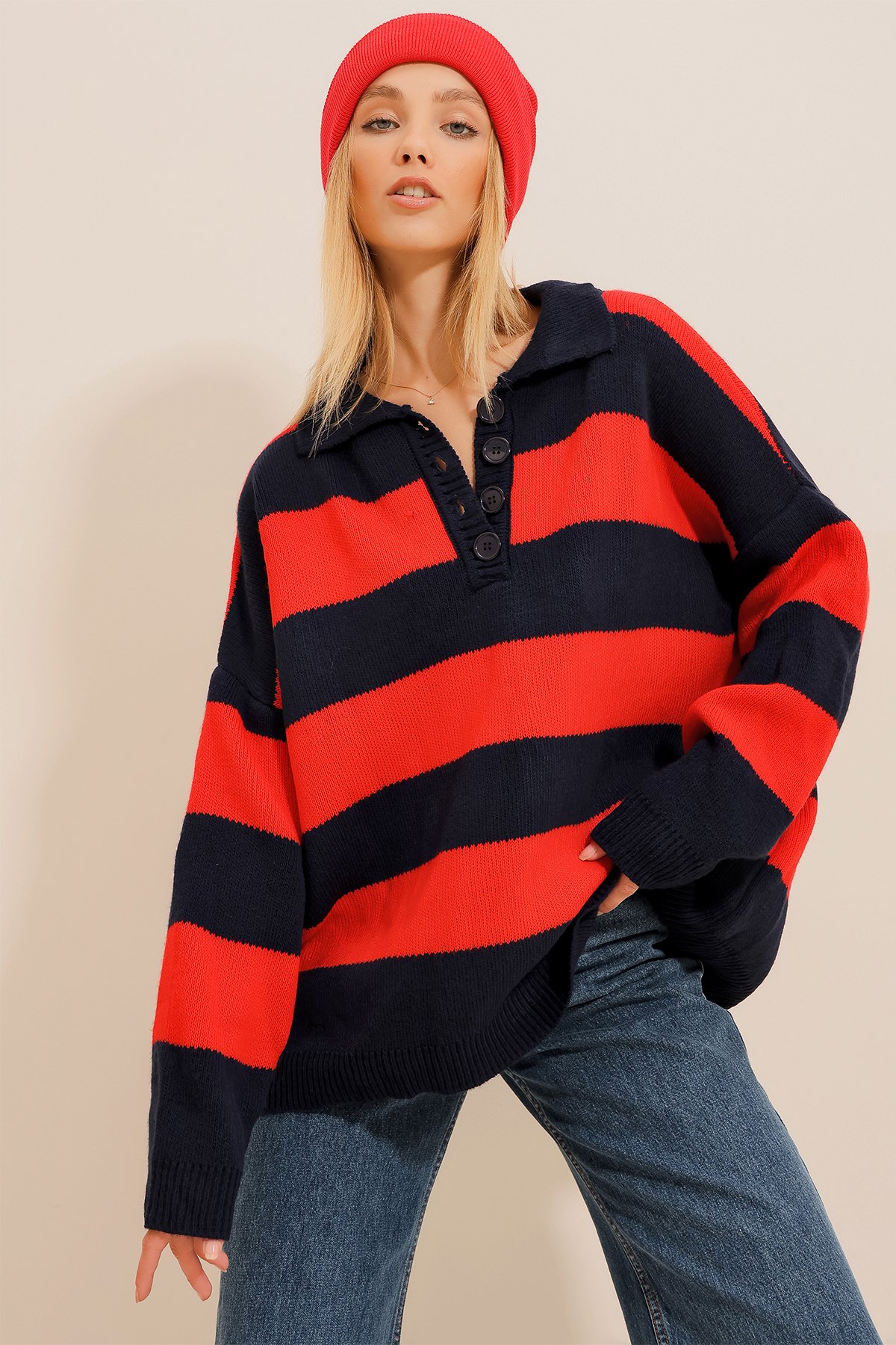 Polo Yaka Düğmeli Oversize Kışlık Triko Kazak - Lacivert