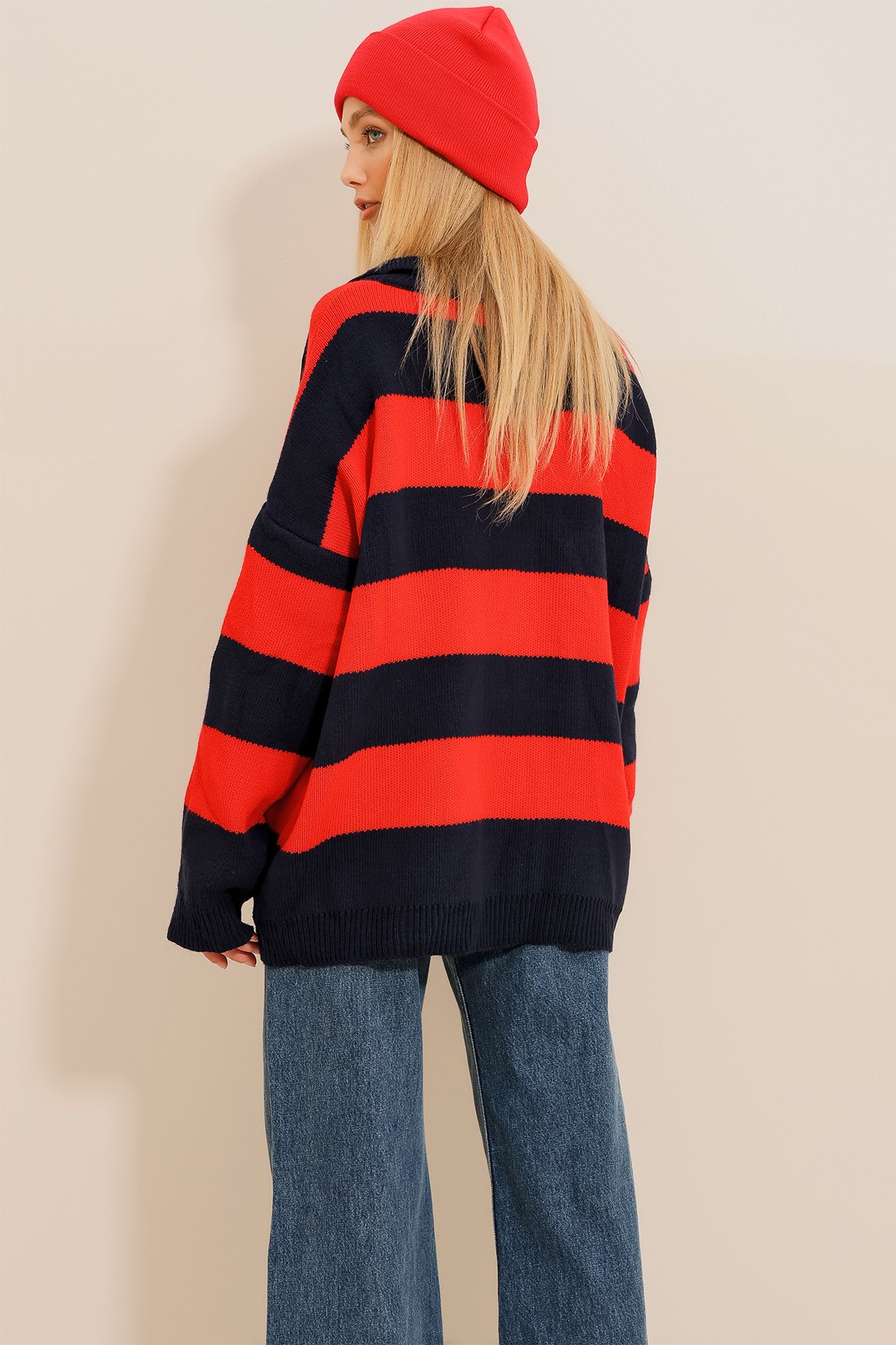 Polo Yaka Düğmeli Oversize Kışlık Triko Kazak - Lacivert