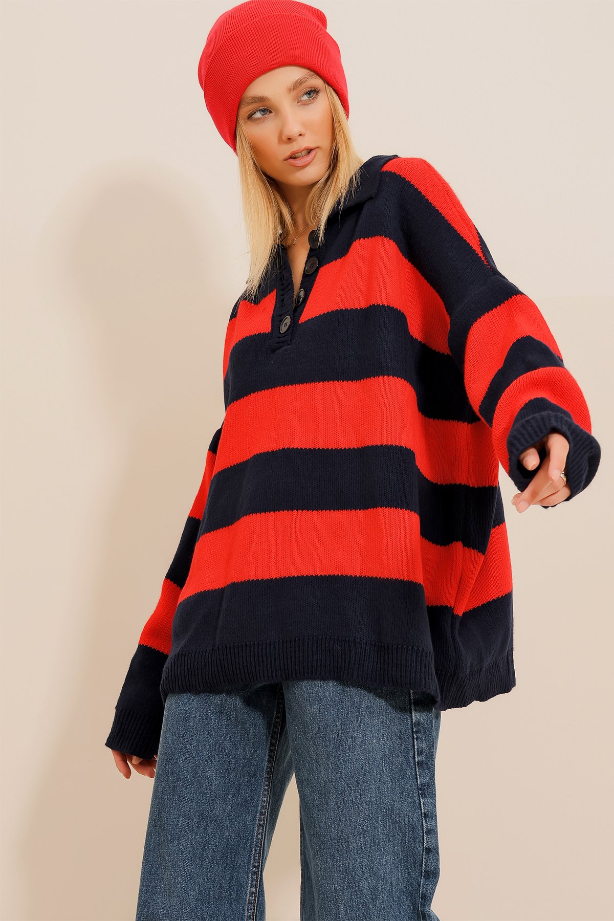 Polo Yaka Düğmeli Oversize Kışlık Triko Kazak - Lacivert