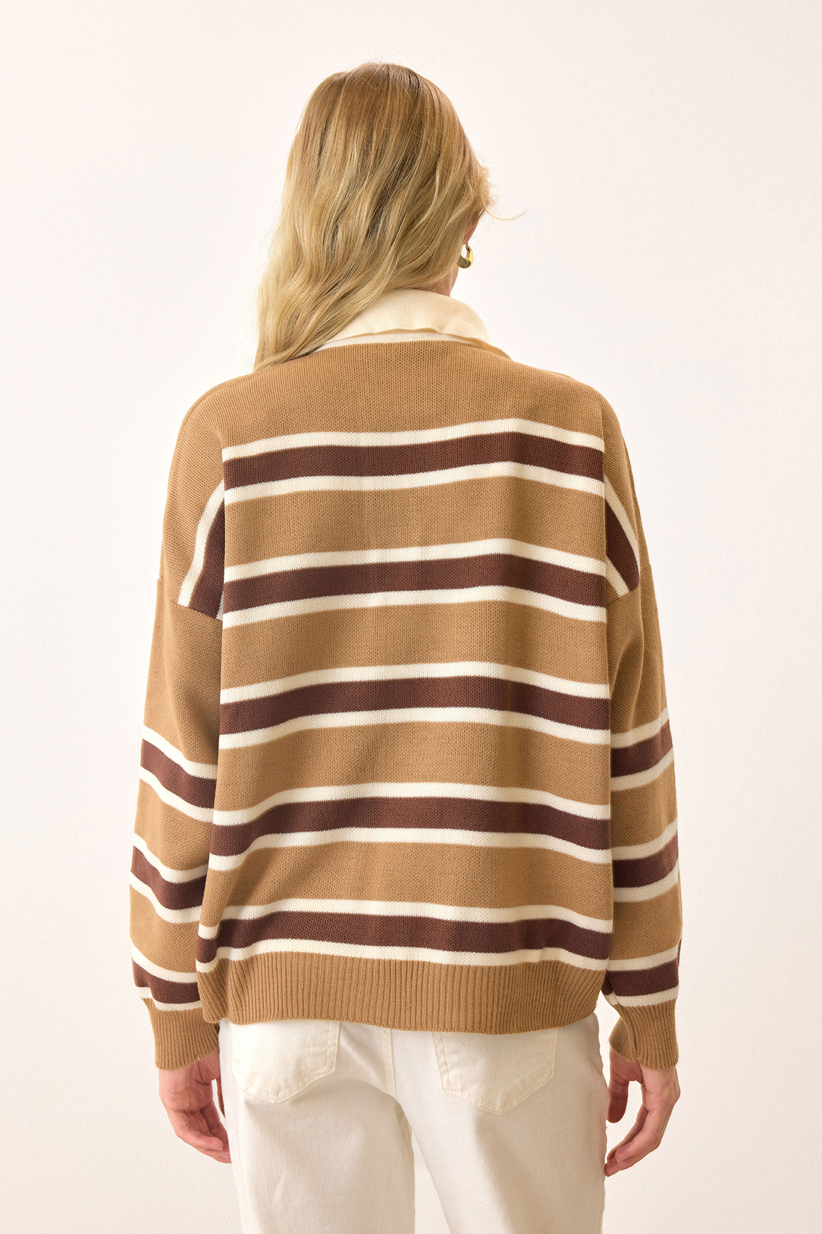 Polo Yaka Düğmeli Triko Kazak - BEJ