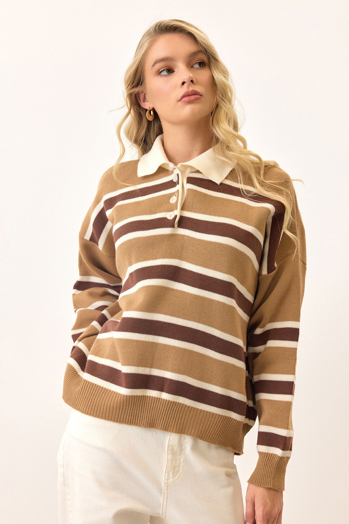 Polo Yaka Düğmeli Triko Kazak - BEJ