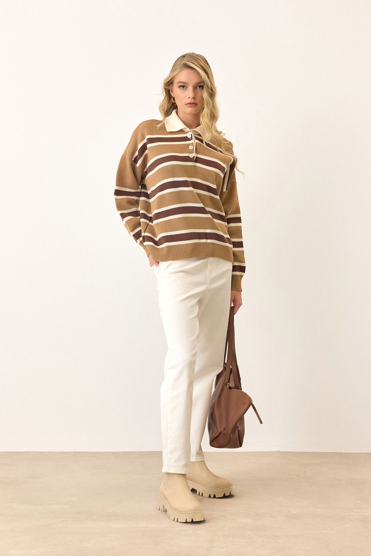 Polo Yaka Düğmeli Triko Kazak - BEJ