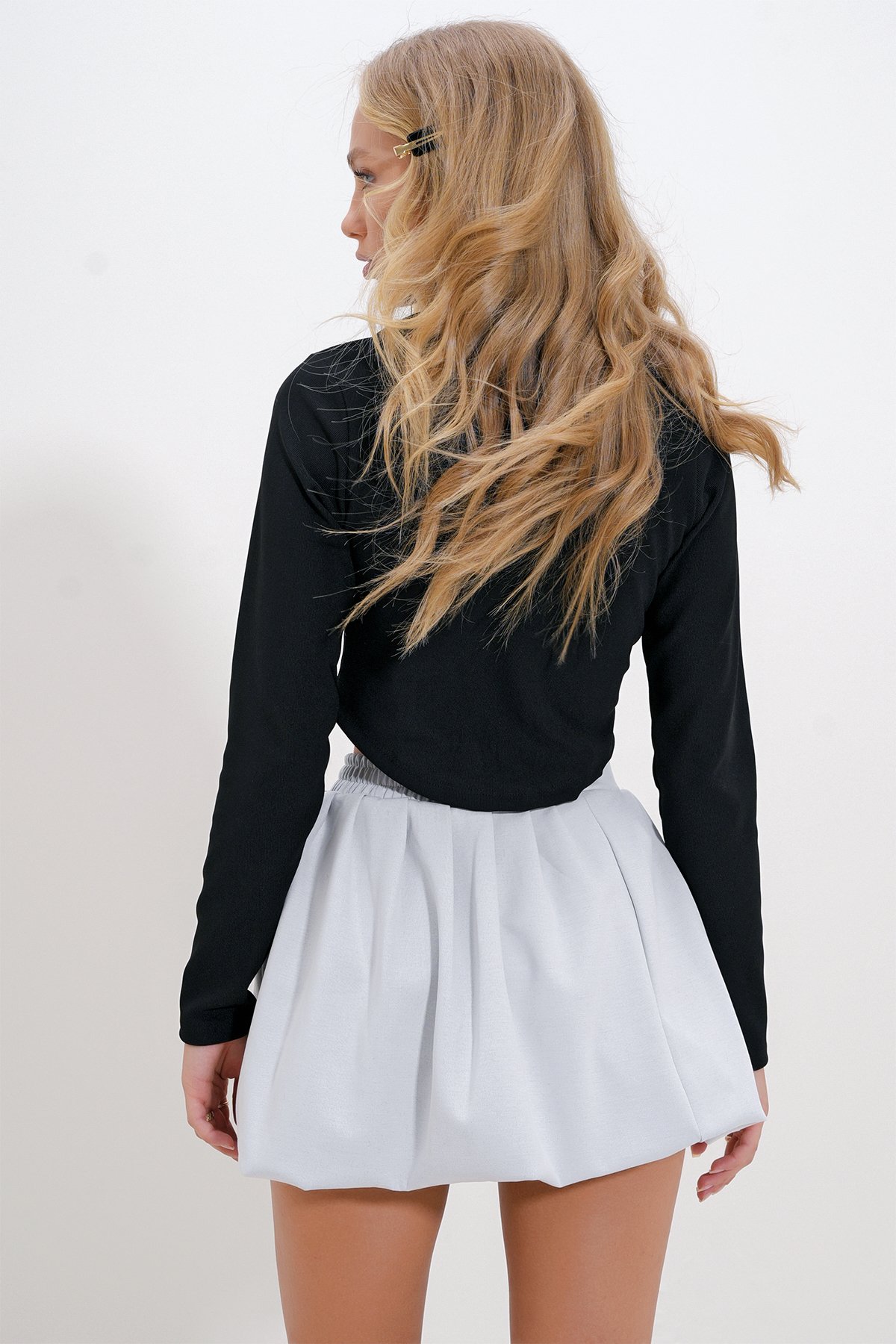 Polo Yaka Fermuarlı Crop Bluz - SİYAH