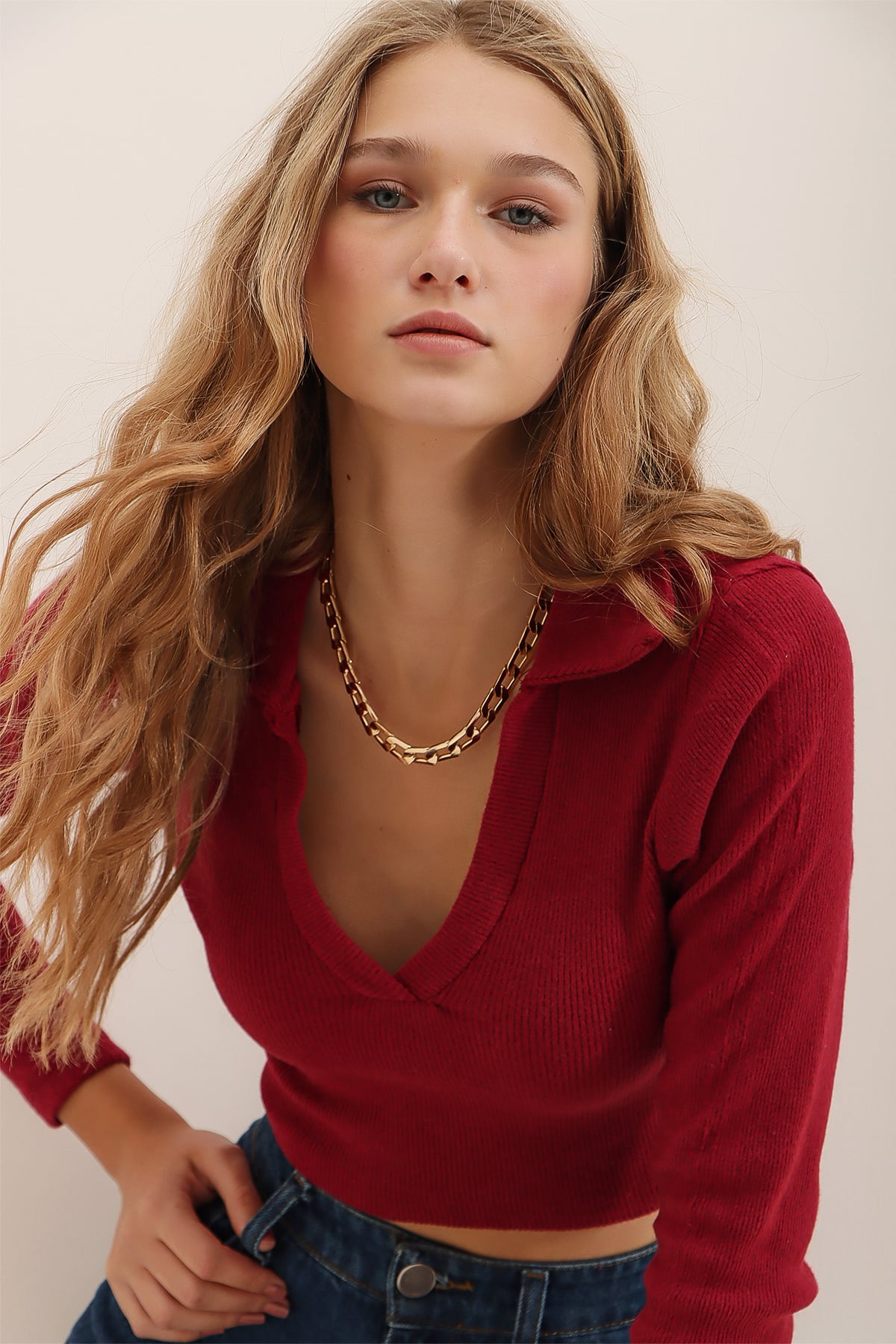 Polo Yaka Fitilli Yumuşak Dokulu Crop Bluz - Bordo