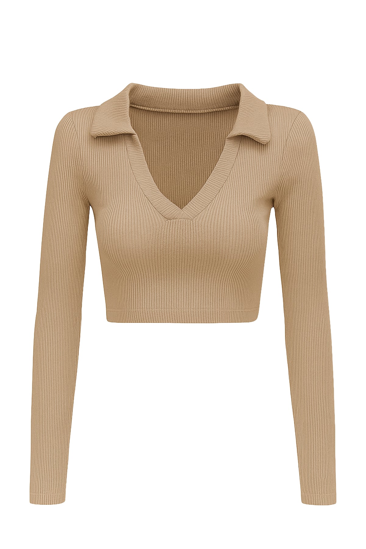 Polo Yaka Fitilli Yumuşak Dokulu Crop Bluz - Bej