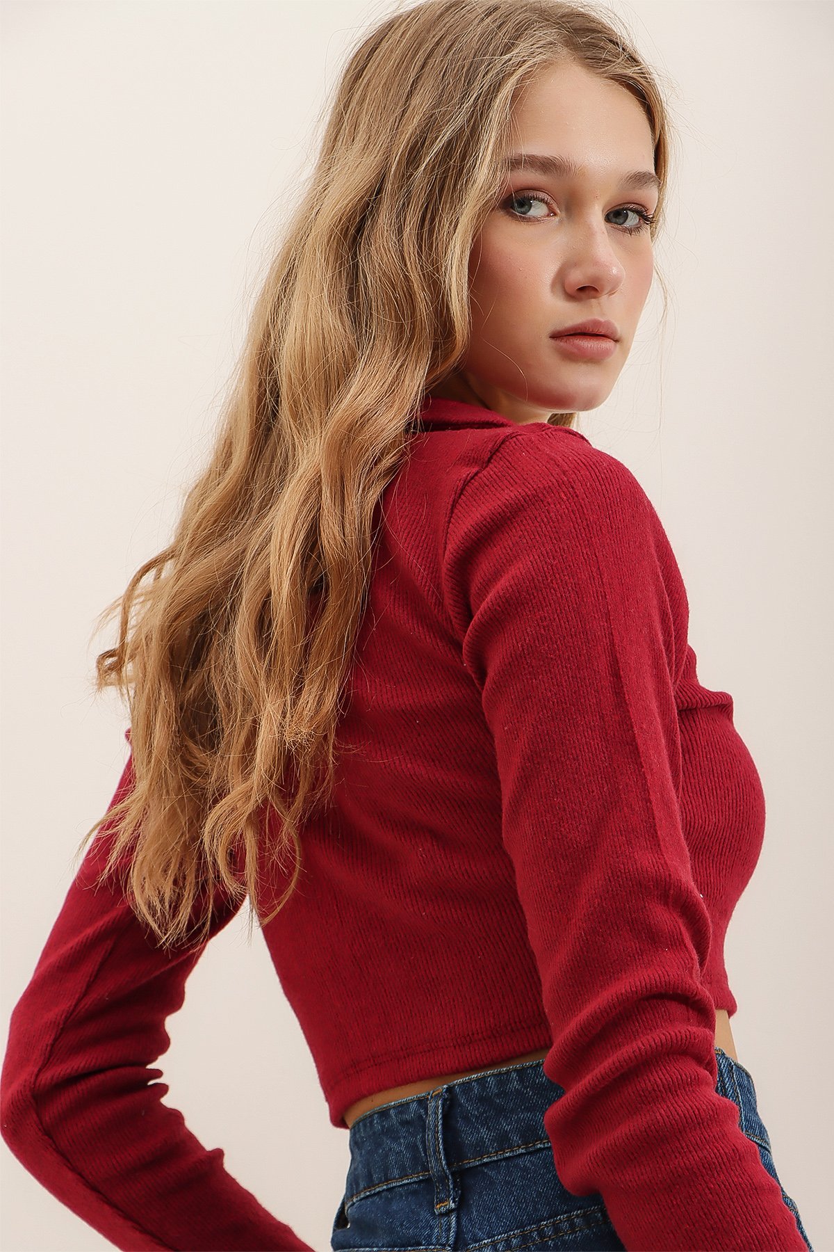 Polo Yaka Fitilli Yumuşak Dokulu Crop Bluz - Bordo