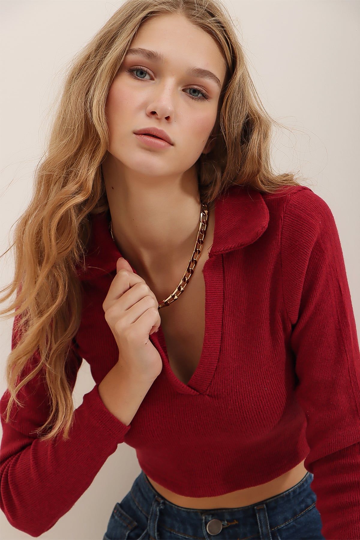 Polo Yaka Fitilli Yumuşak Dokulu Crop Bluz - Bordo