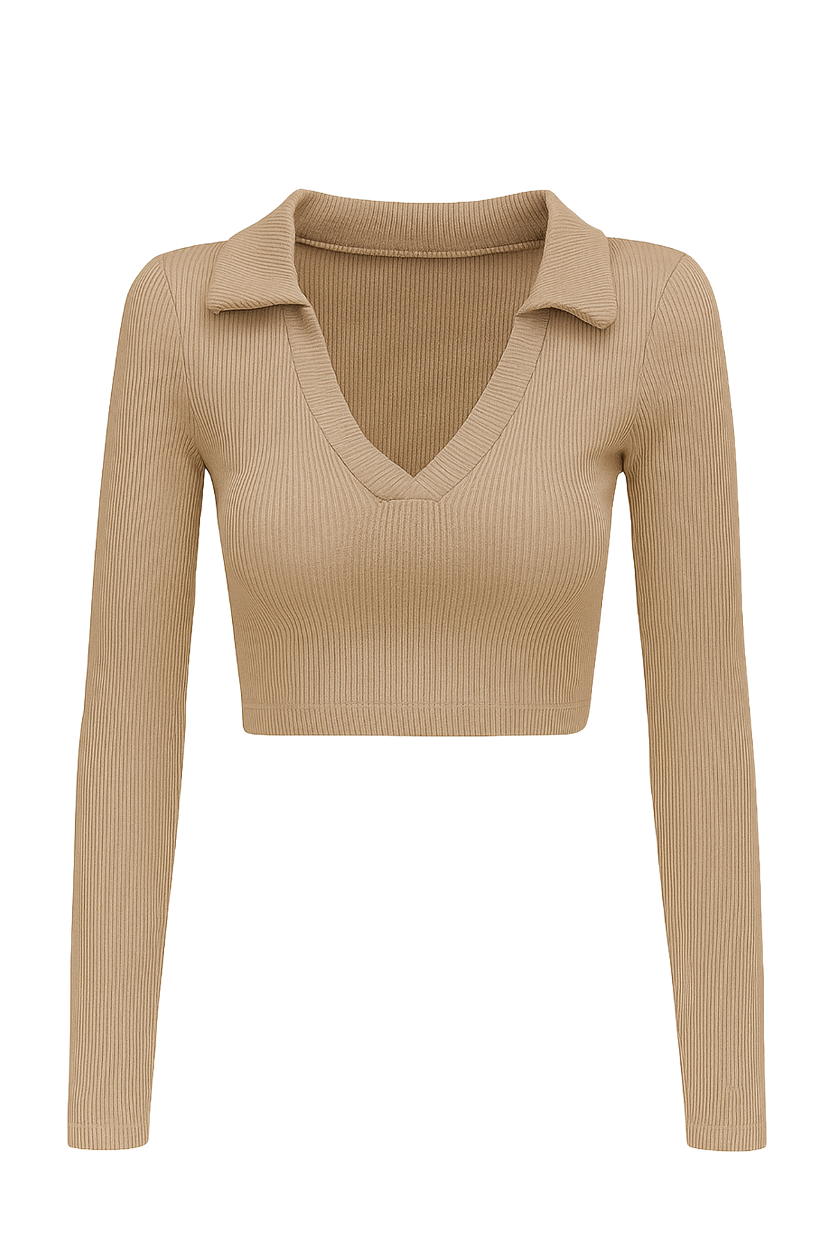 Polo Yaka Fitilli Yumuşak Dokulu Crop Bluz - Bej
