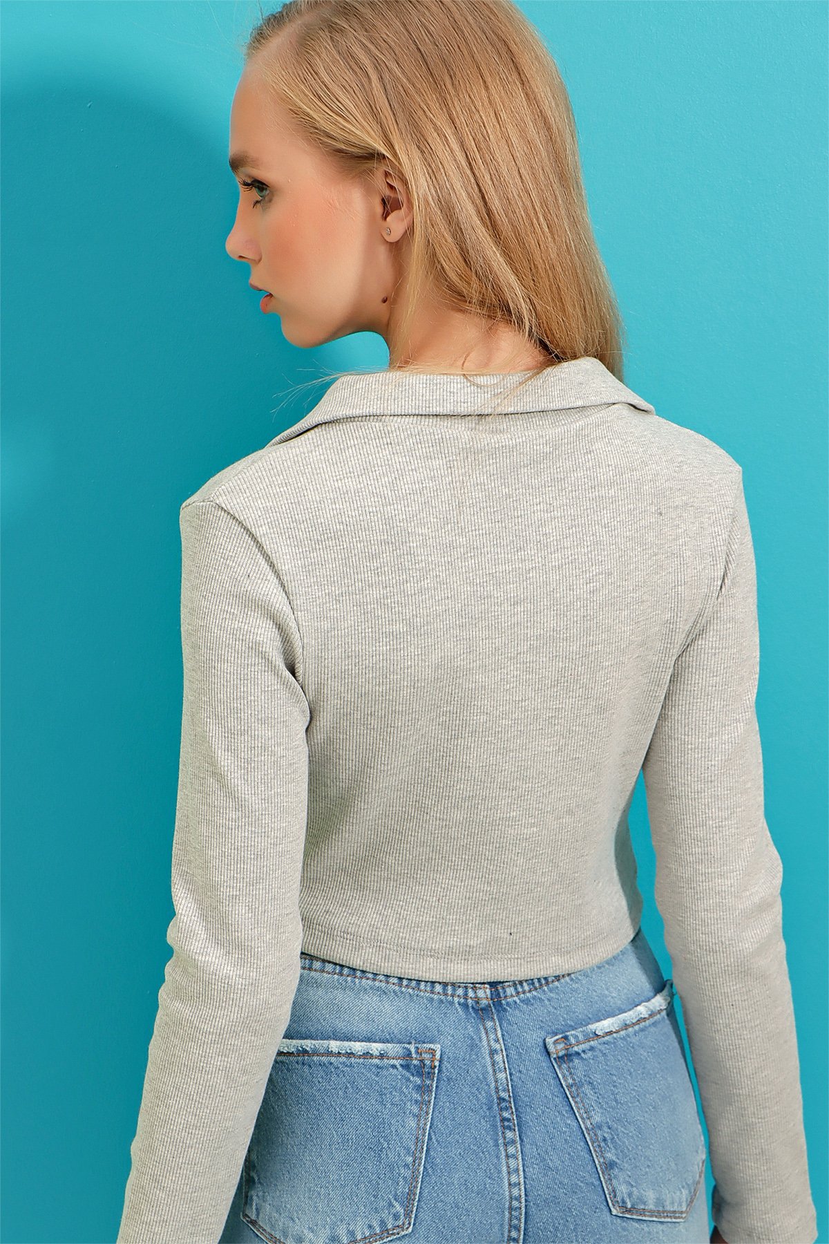 Polo Yaka Fitilli Yumuşak Dokulu Crop Bluz - Grimelanj