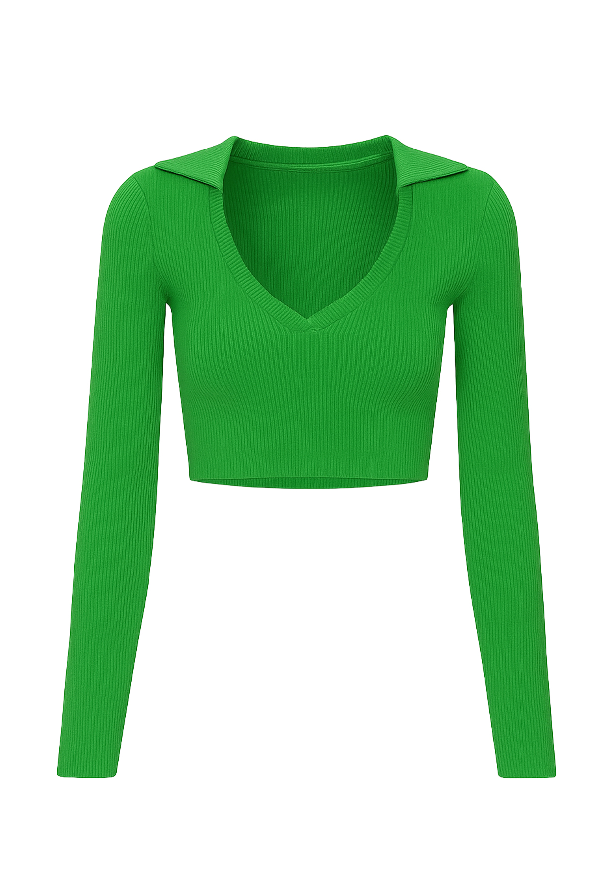 Polo Yaka Fitilli Yumuşak Dokulu Crop Bluz - Yeşil