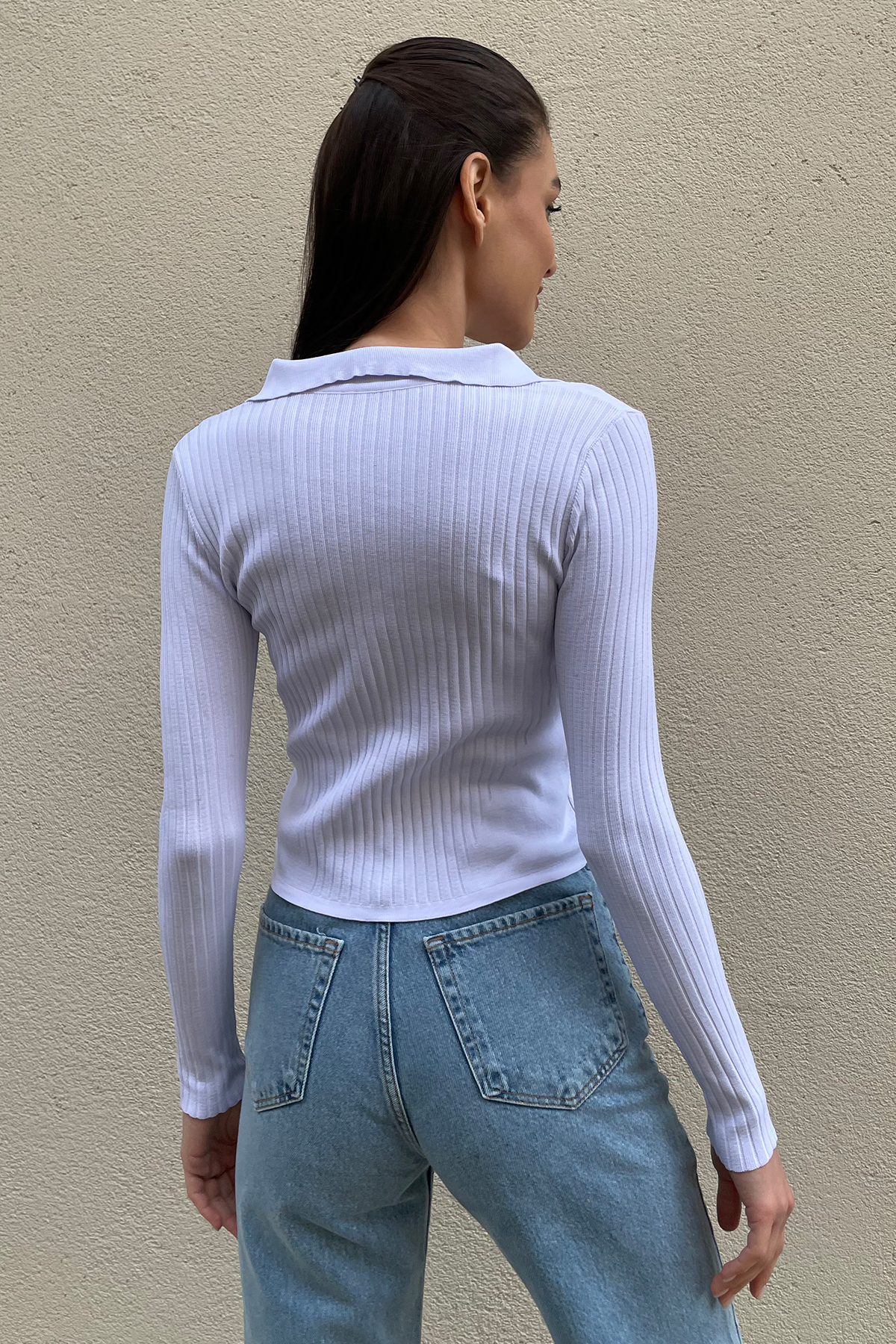 Polo Yaka Önü Fermuarlı Fitilli Triko Bluz - Beyaz