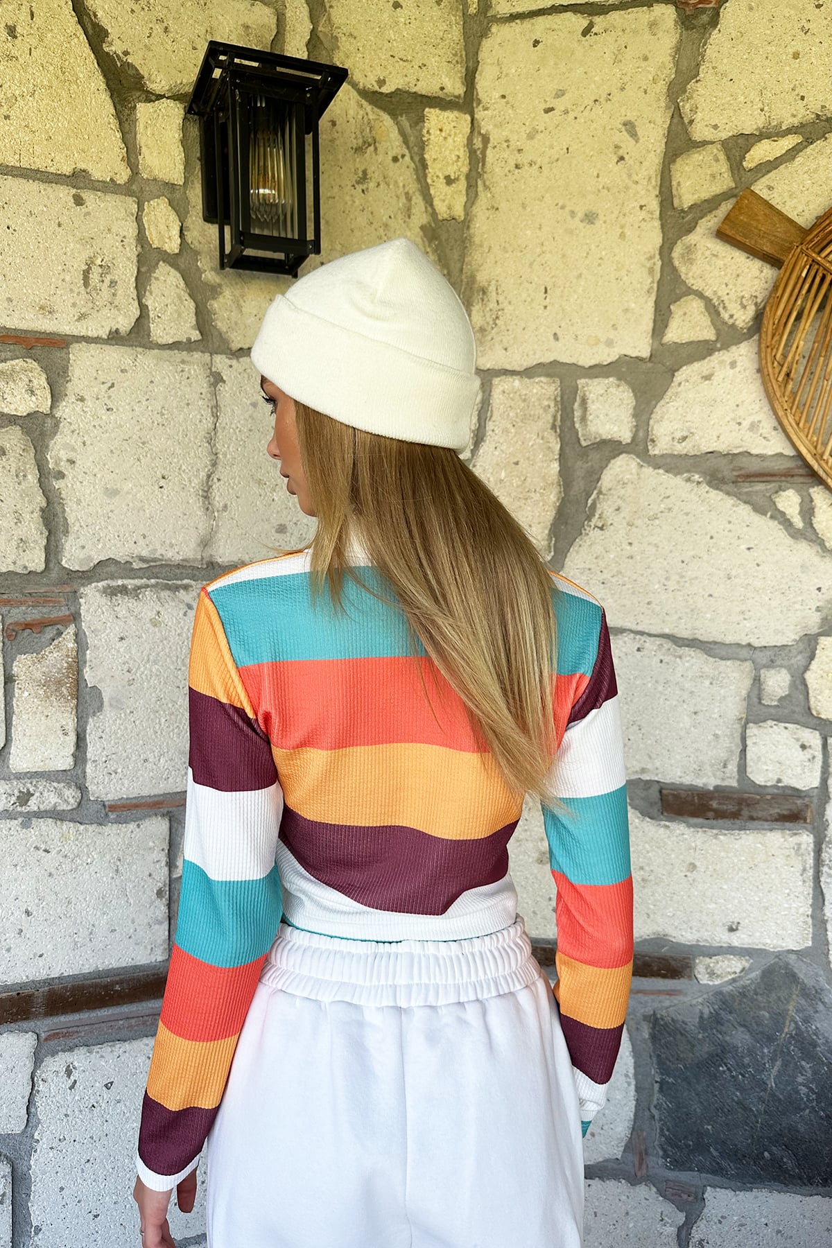 Polo Yaka Renk Bloklu Crop Bluz - Ekru Kahve