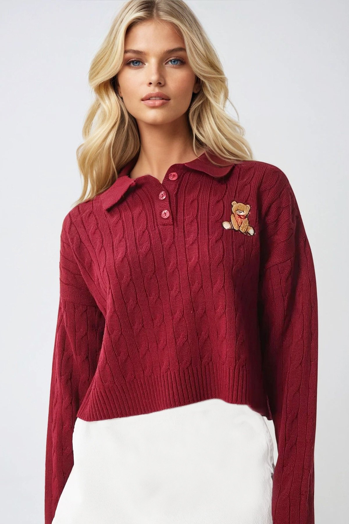 POLO YAKA SAÇ ÖRGÜ DESENLİ AYICIKLI TRİKO KAZAK - BORDO