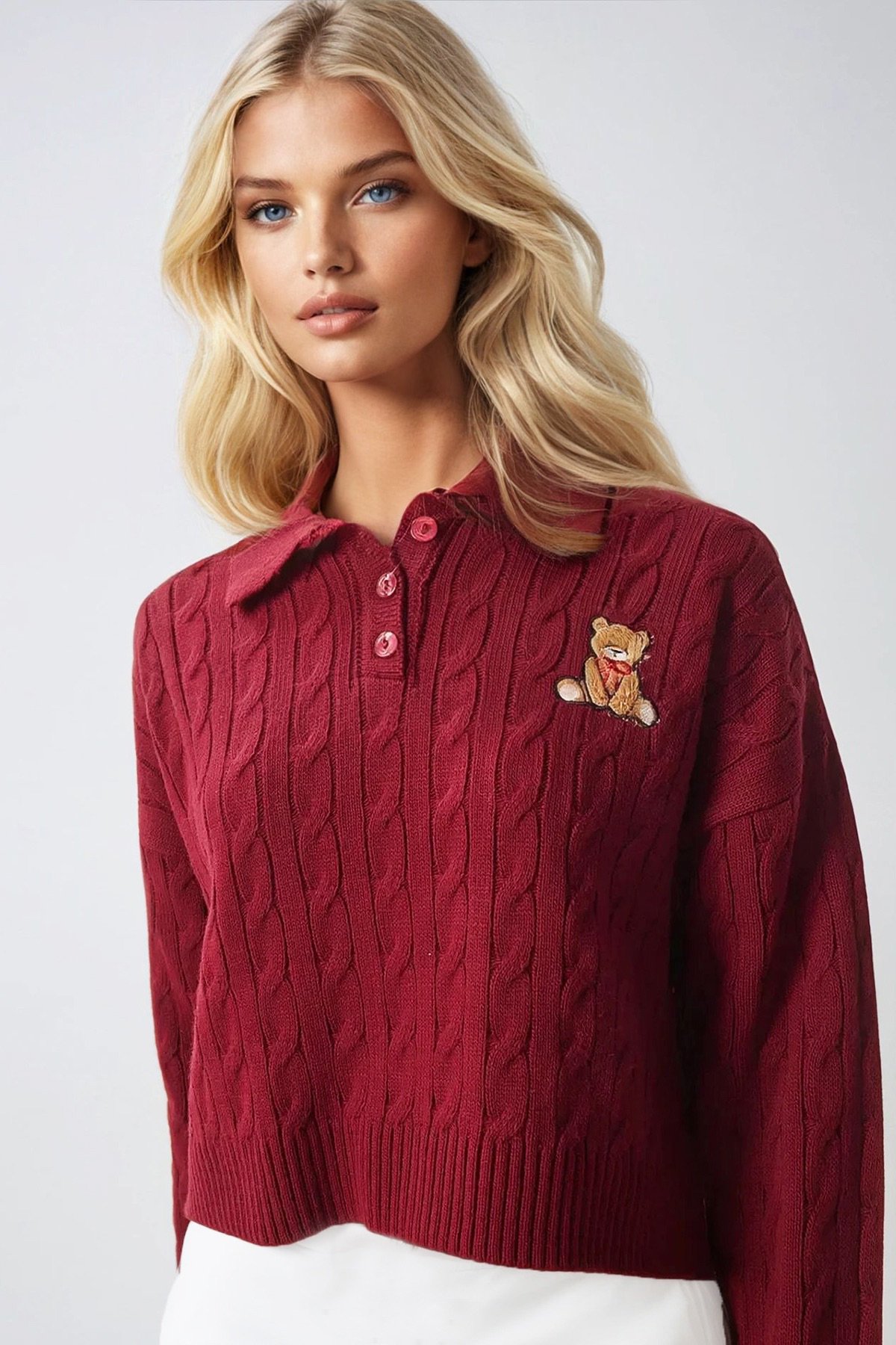 POLO YAKA SAÇ ÖRGÜ DESENLİ AYICIKLI TRİKO KAZAK - BORDO