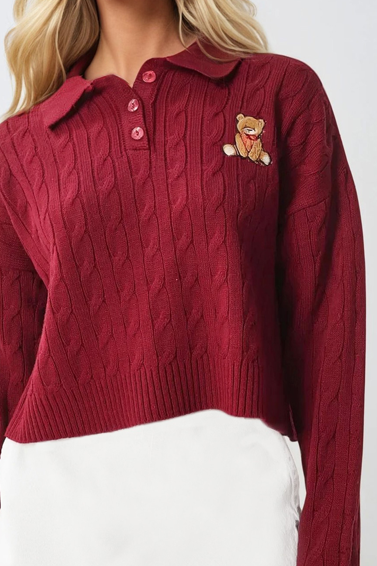 POLO YAKA SAÇ ÖRGÜ DESENLİ AYICIKLI TRİKO KAZAK - BORDO