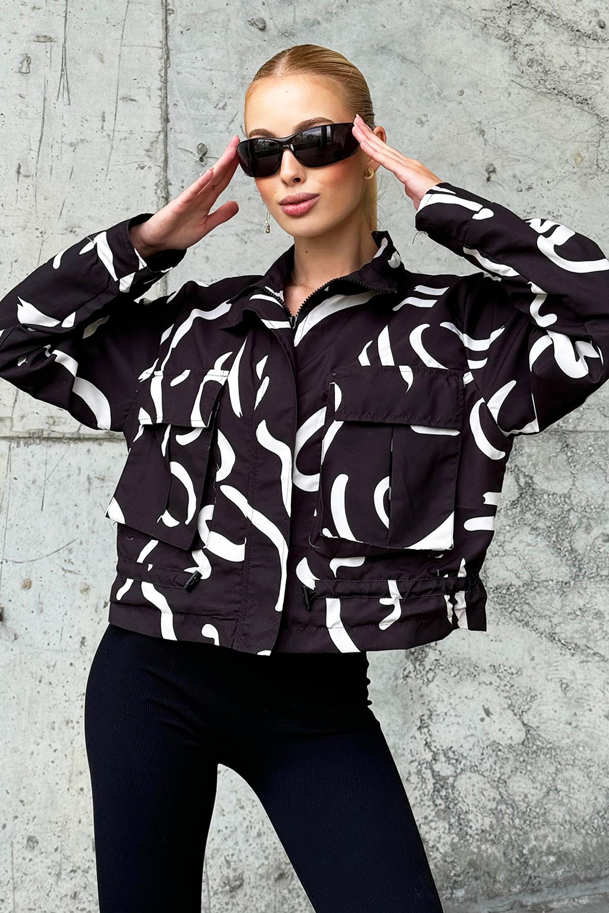 Polo Yaka Torba Cep Detaylı Desenli Ceket - SİYAH