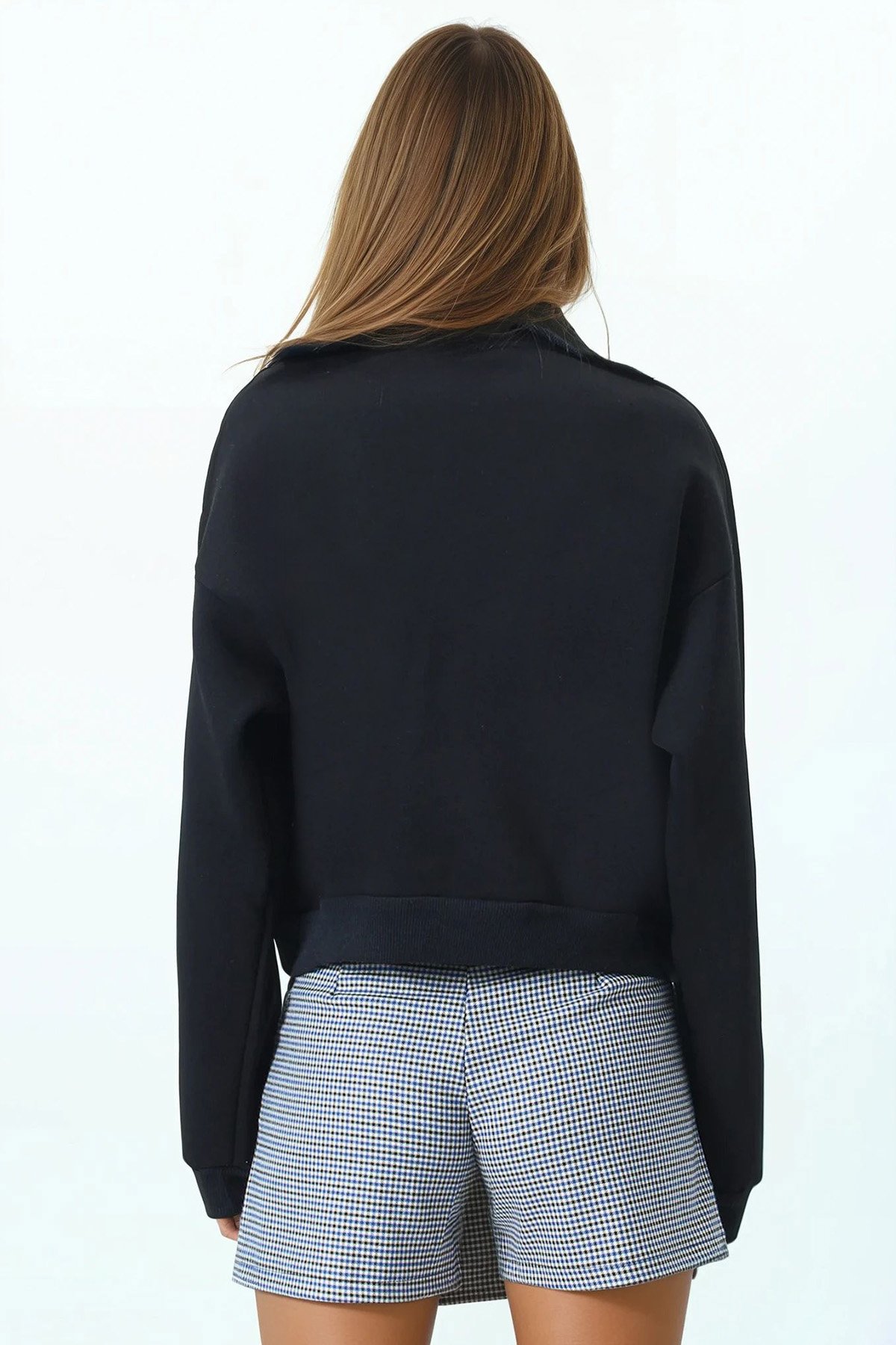 Polo Yaka Yarım Fermuarlı Sweatshirt - SİYAH