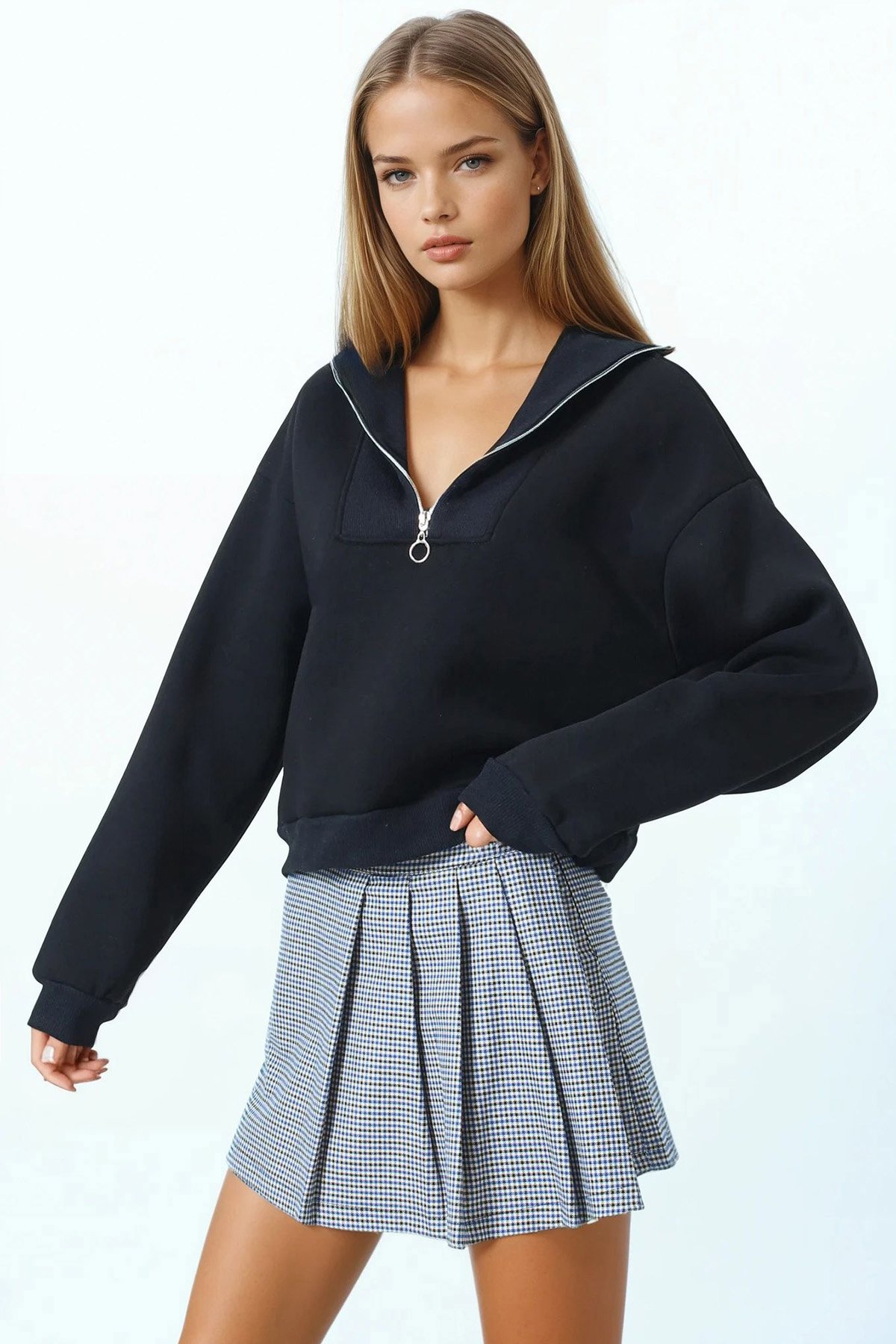 Polo Yaka Yarım Fermuarlı Sweatshirt - SİYAH