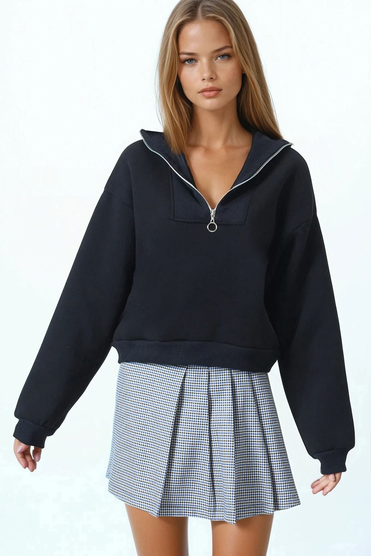 Polo Yaka Yarım Fermuarlı Sweatshirt - SİYAH