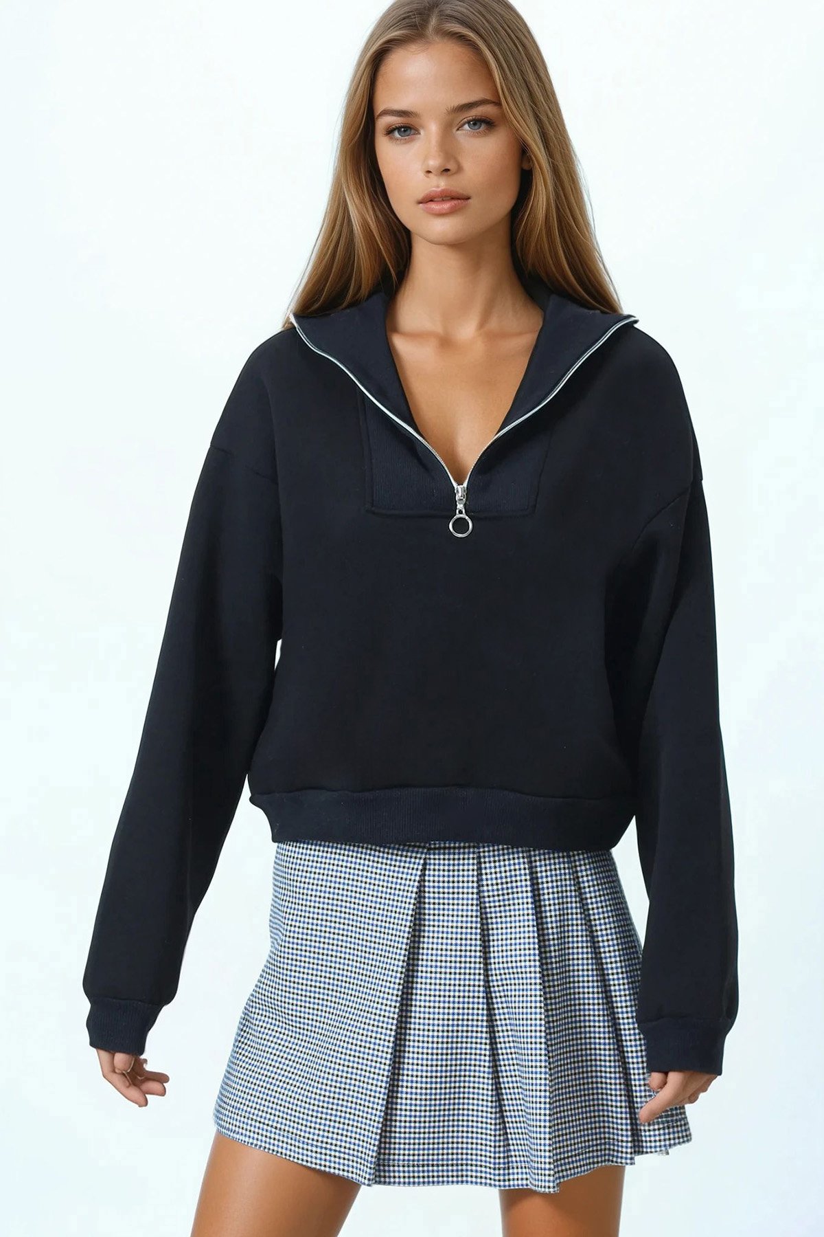 Polo Yaka Yarım Fermuarlı Sweatshirt - SİYAH