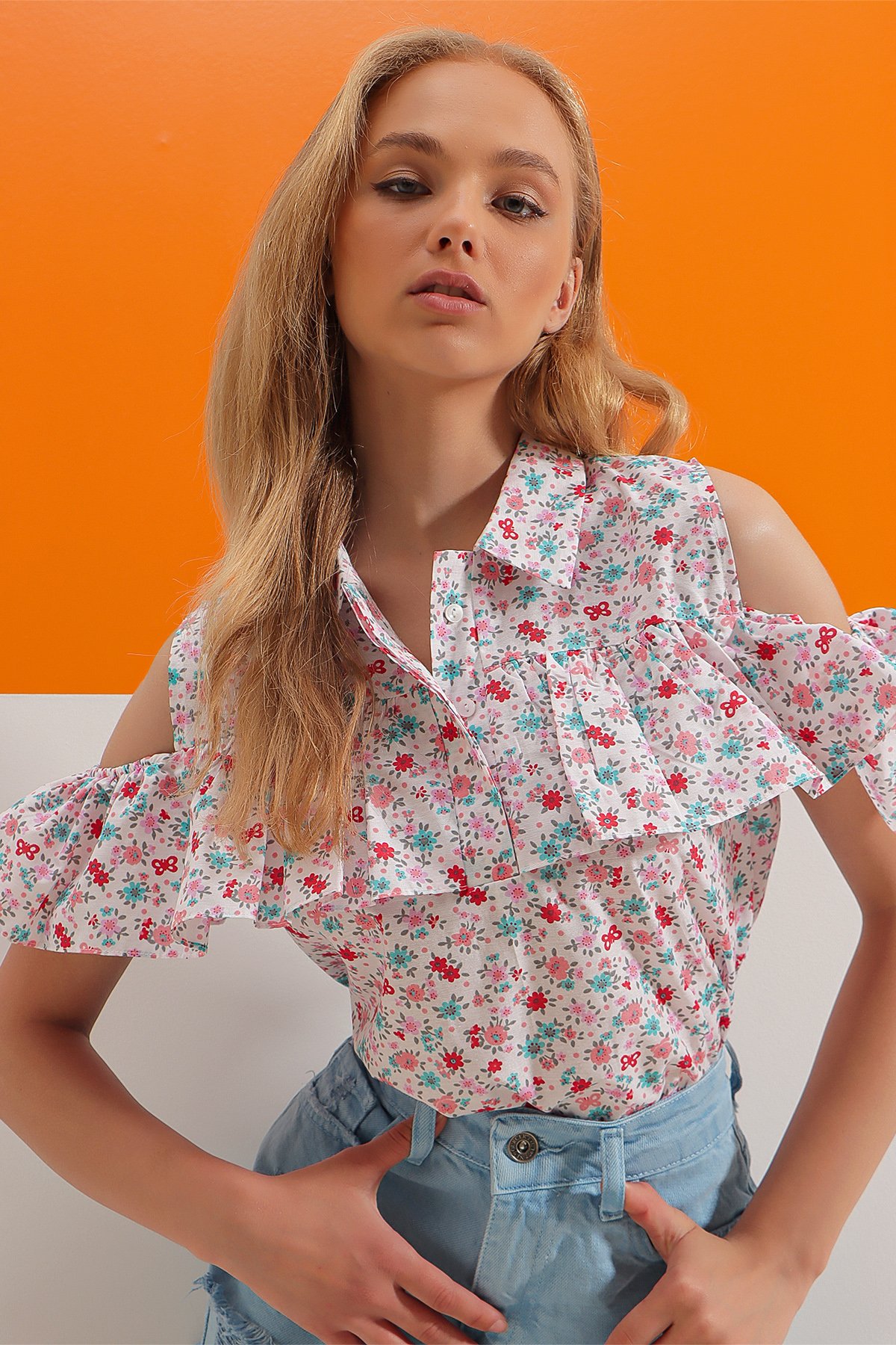 Poplin Patlı Fırfırlı Bluz - Pembe