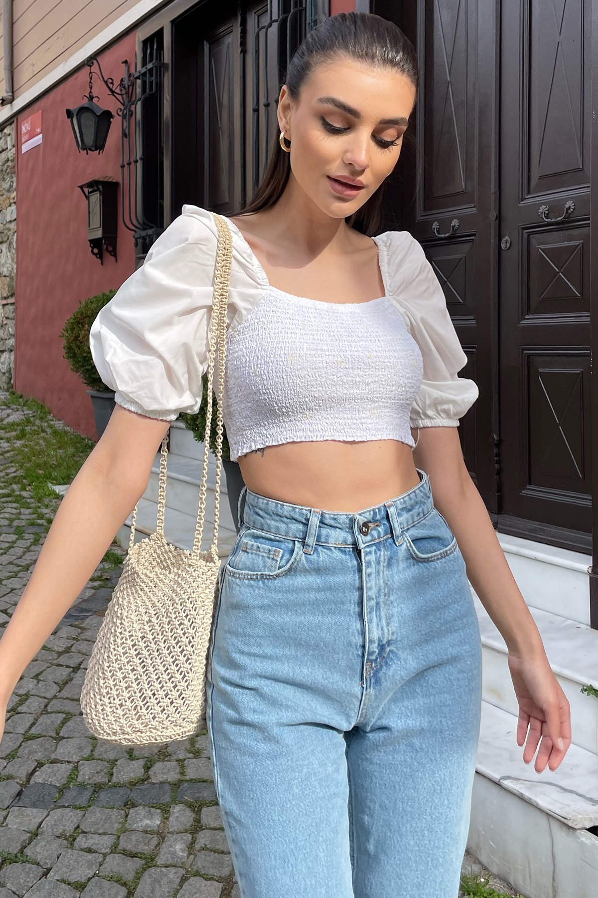 Prenses Kol Gipeli Crop Dokuma Bluz - Beyaz