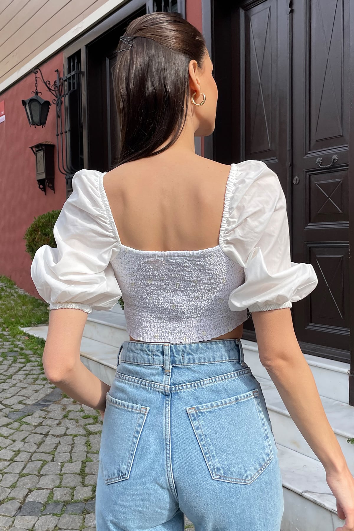 Prenses Kol Gipeli Crop Dokuma Bluz - Beyaz