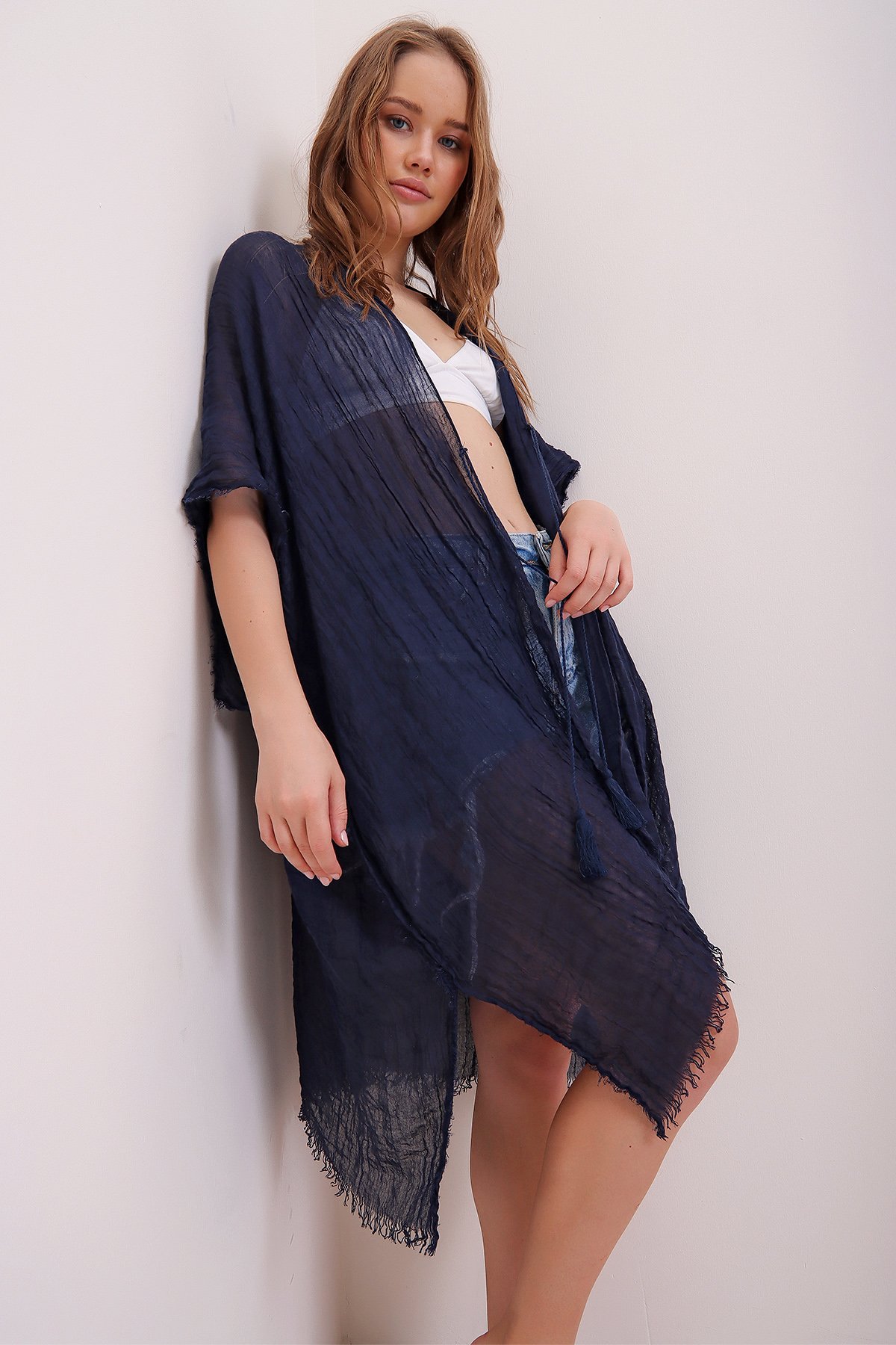 Püskül Detaylı Kimono - Lacivert