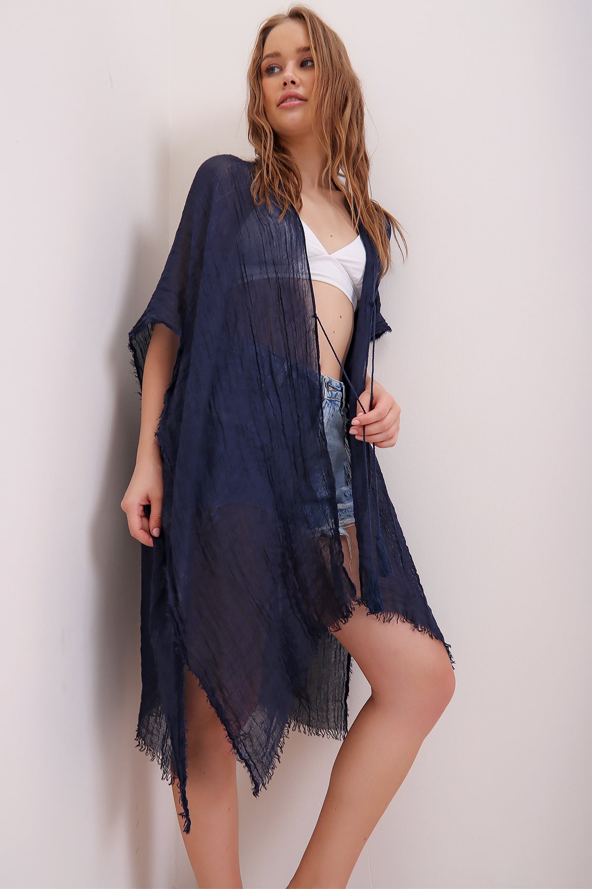 Püskül Detaylı Kimono - Lacivert