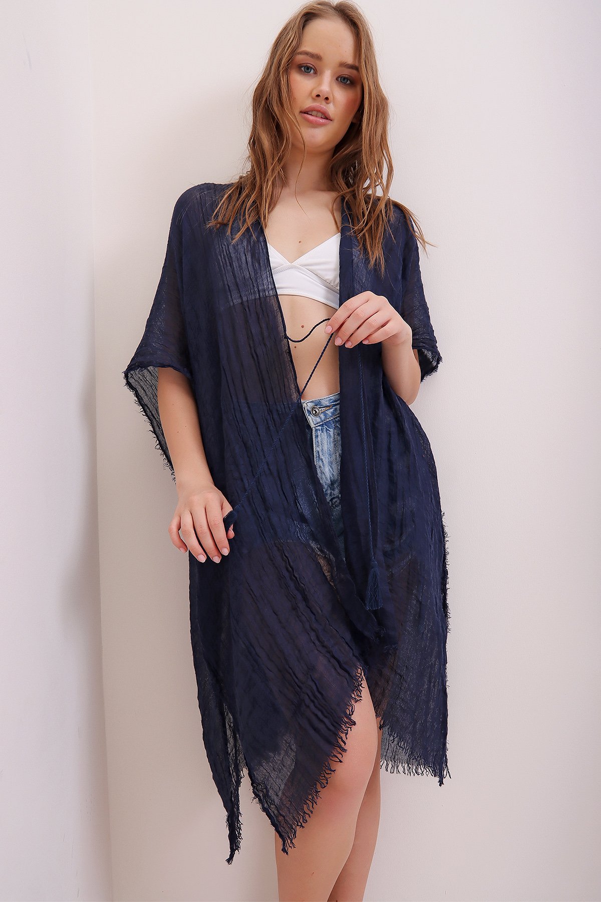 Püskül Detaylı Kimono - Lacivert