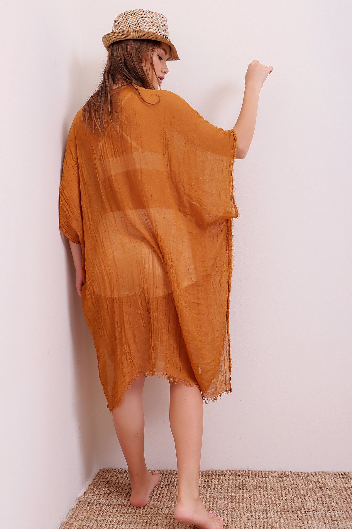 Püskül Detaylı Kimono - Taba